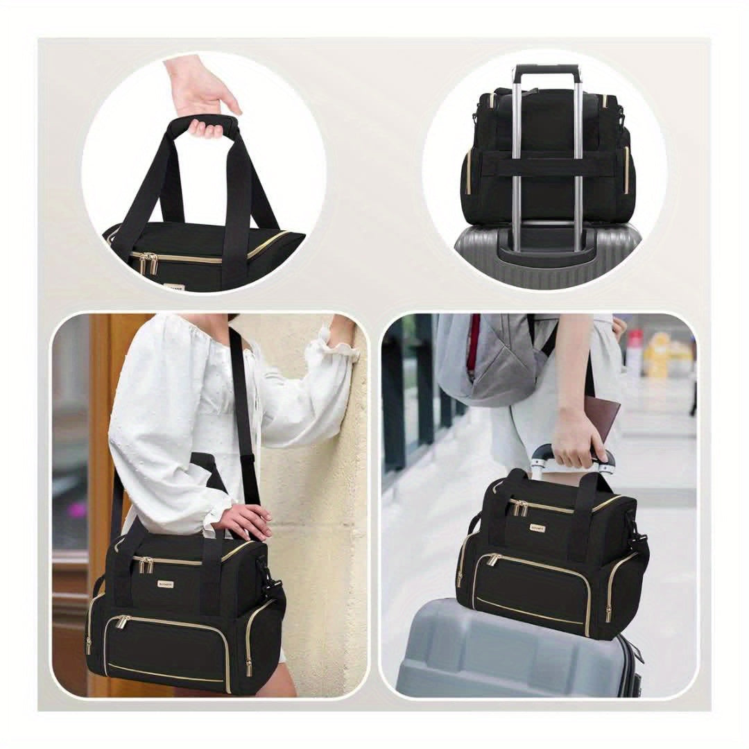 Large High Quality Travel Makeup Organizer Bag for Women - 2 Removable Cosmetic Cases, Double Layer Toiletry Bag with Multiple Compartments, Durable Polyester, Black with Golden Accents, Sleek Stylish Design | Easyaccess Hand