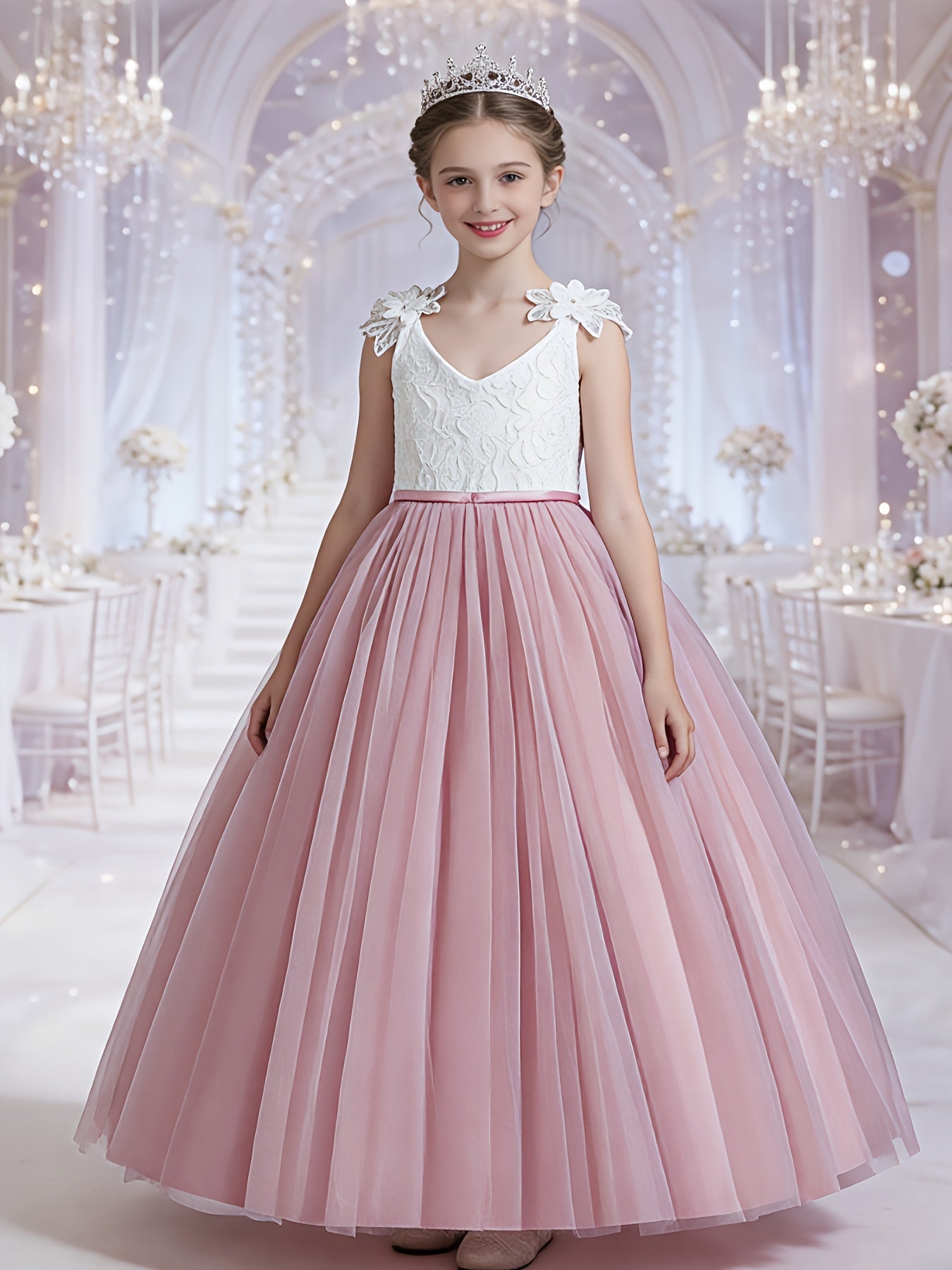 Girls Wedding Dress Strapless Mesh Princess Dress For Weddings Proms