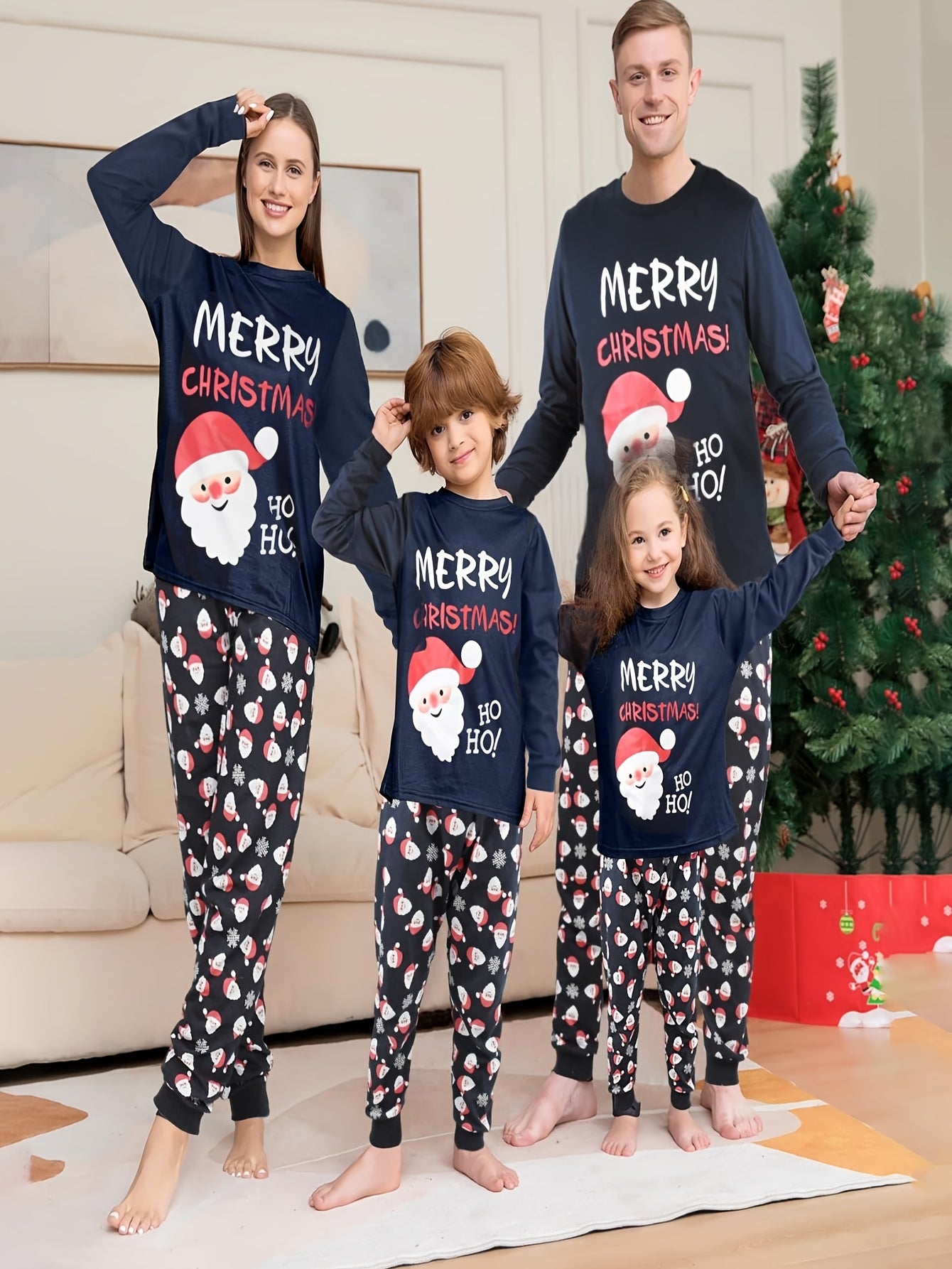 2-Pack Family Matching Christmas Pajamas Set, Santa And Tree Print Long Sleeve Nightwear Set for Men, Kids Family Pjs, Holiday Party Pajamas