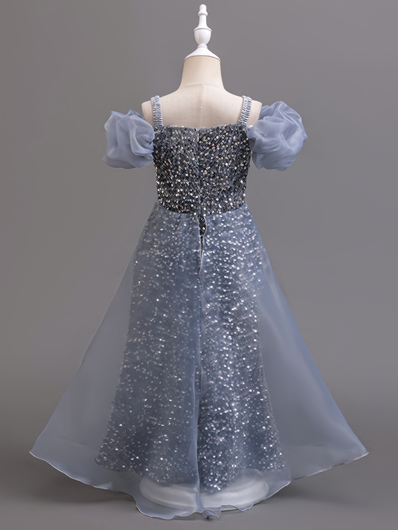 Girls Princess Gown With Off-Shoulder Puff Sleeves Tulle Train