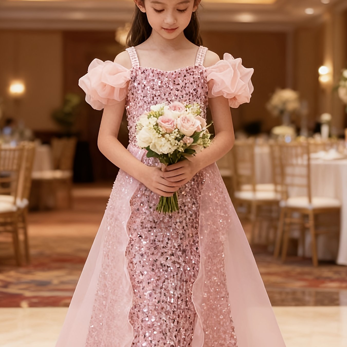 Girls Princess Gown With Off-Shoulder Puff Sleeves Tulle Train