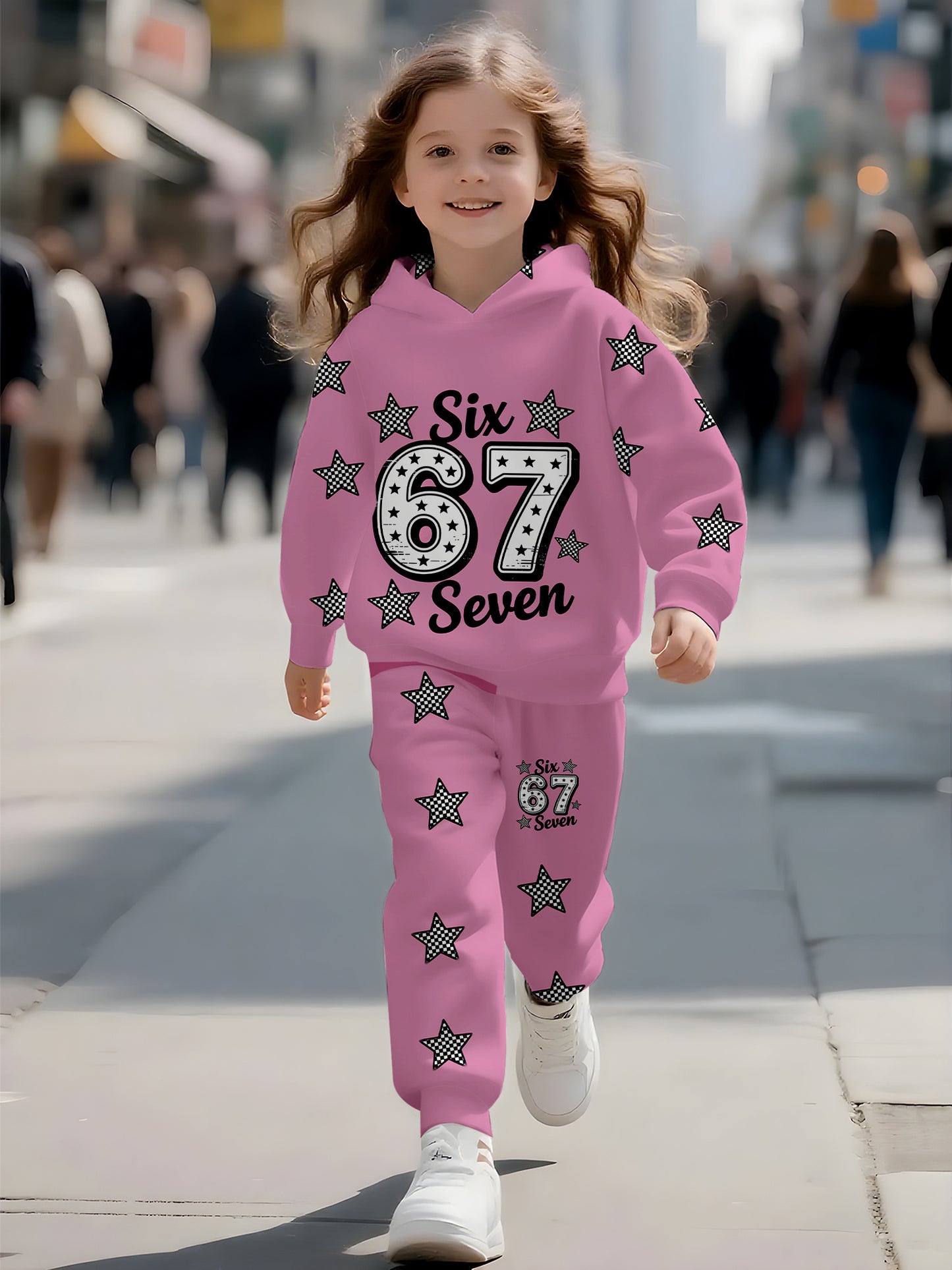 Pink Star and "67" Digital Hoodie Set | Fully Printed Star Mang Patterns, High-Quality Skin-Friendly Fabric, Warm Hood, Playful and Fashionable Design, Perfect for Spring/Fall, for Outdoor