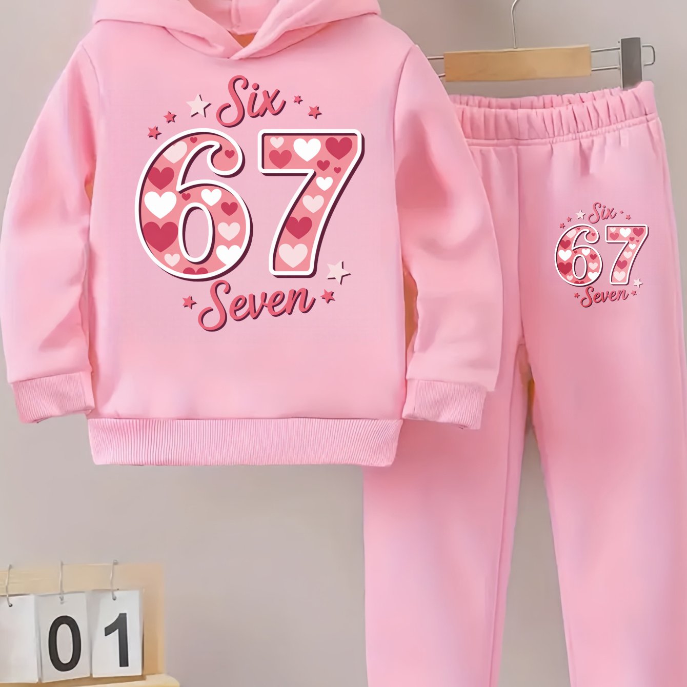 Girls Hoodie and Pants Set | Black Six 67 Seven Pink Heart Print Casual Outfit for Everyday Wear, Fall/Winter, Sweatshirt and Sweatpants, Long Sleeve, Medium Stretch Fabric, for Outdoor
