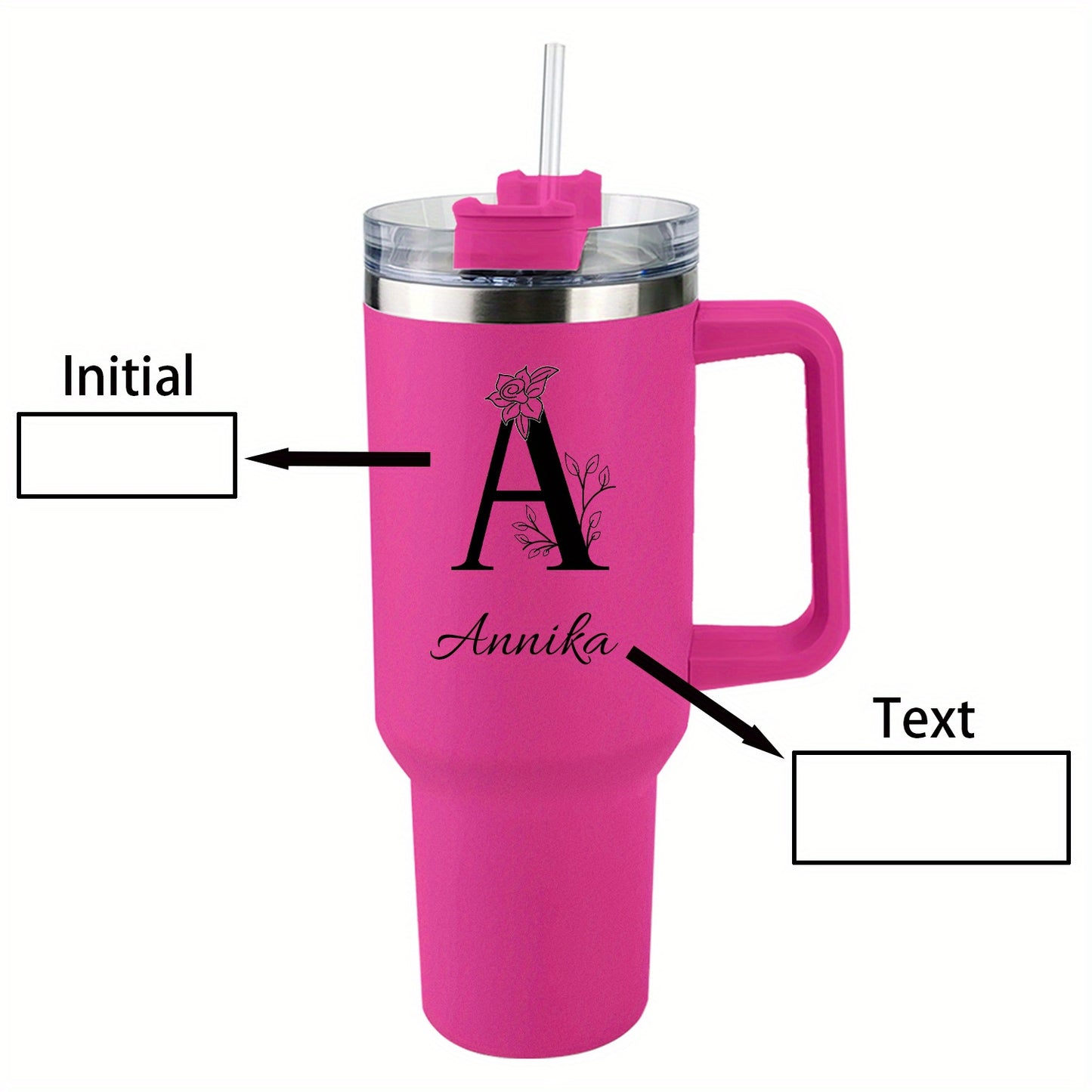 [Personalized Thermos Cup] 40oz Customized Name Thermos Cup | Double Wall Stainless Steel Handle Insulated Coffee Cup, Large Capacity with Lid And Straw, Personalized Gift with First Letter Flower Design, Travel And Office Cu