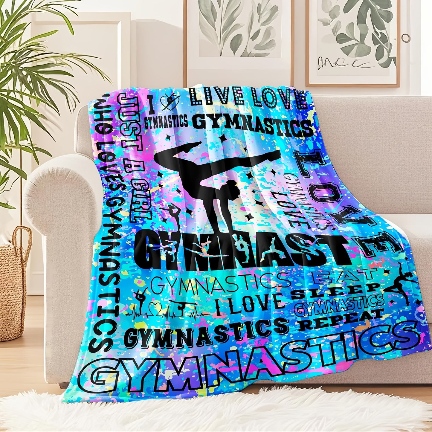 1pc Gymnastics-Themed Flannel Blanket | Soft All-Season Bedspread with Gymnast Silhouettes, Bars & Beam Design, Exercise Patterns - Ideal Gift for Gymnasts, Coaches, Fans, Available in Blue, Pink, Purple | Polyester, Machine