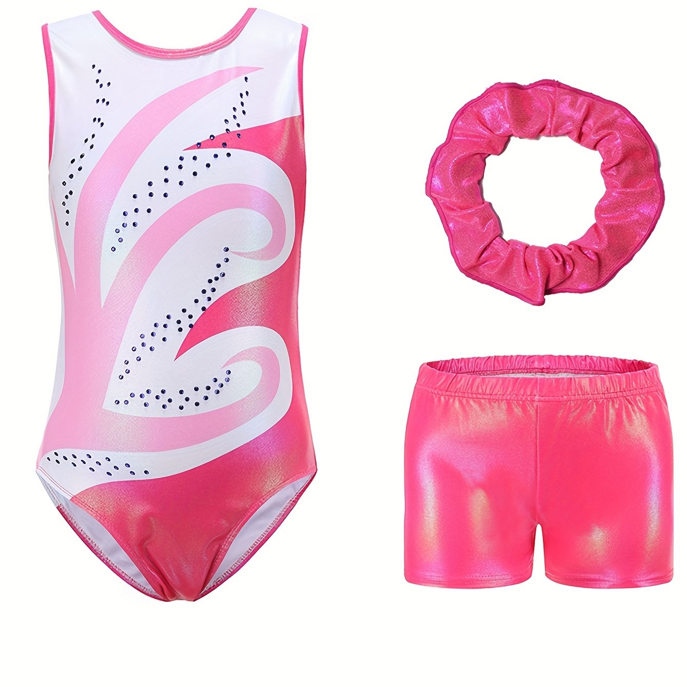 Girls' Sleeveless Gymnastics Leotard with Sparkling Blue & Purple Swirl Design + Light Blue Shorts & Hair Tie - Breathable Stretchy Fabric for Dance, Gymnastics, Christmas Parties, Gymnastics Attire, Sleek Fitted Design, Medi