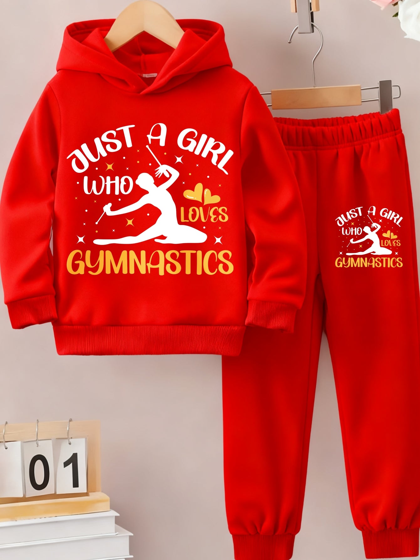 Girls Hoodie and Pants Set Black Just A Girl Who Loves Gymnastics Print Casual Outfit for Gymnastics Practice and Daily Wear, Perfect for Outdoor