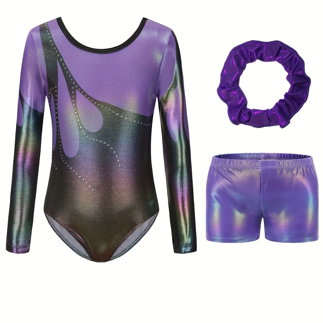 Girls' Long Sleeve Gymnastics Bodysuit - Gradient Purple to Blue Design, Breathable Stretchy Fabric, Slim Fit with Pockets for Sports, Parties & Casual Wear, All-Season Versatile Outfit, Party Attire, Sleek Sportswear, Ombre