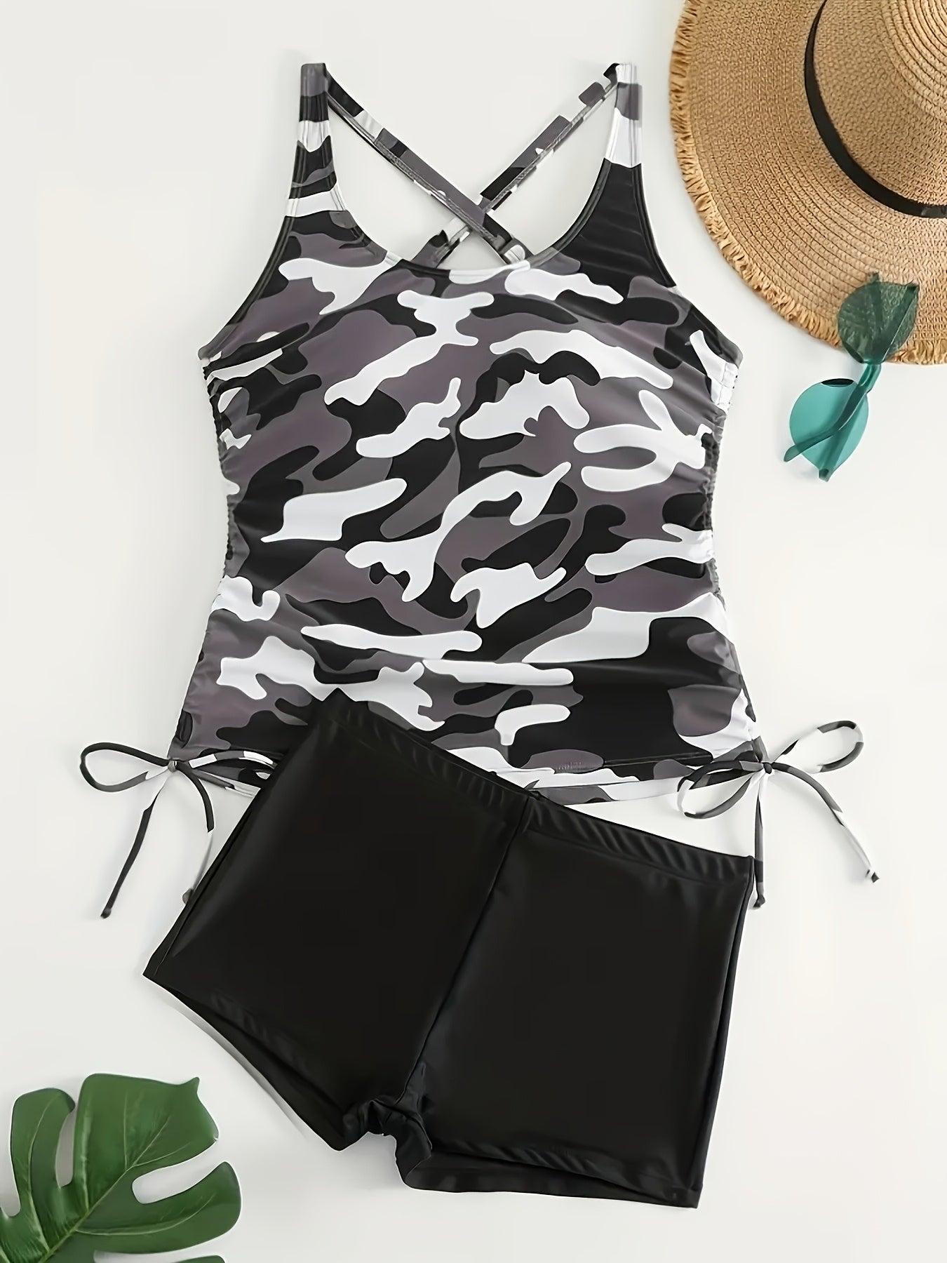 Popular New European And American Swimsuit Women'S Tankini Two-piece Set Conservative Split Slimming Camisole Camouflage Swimsuit Women