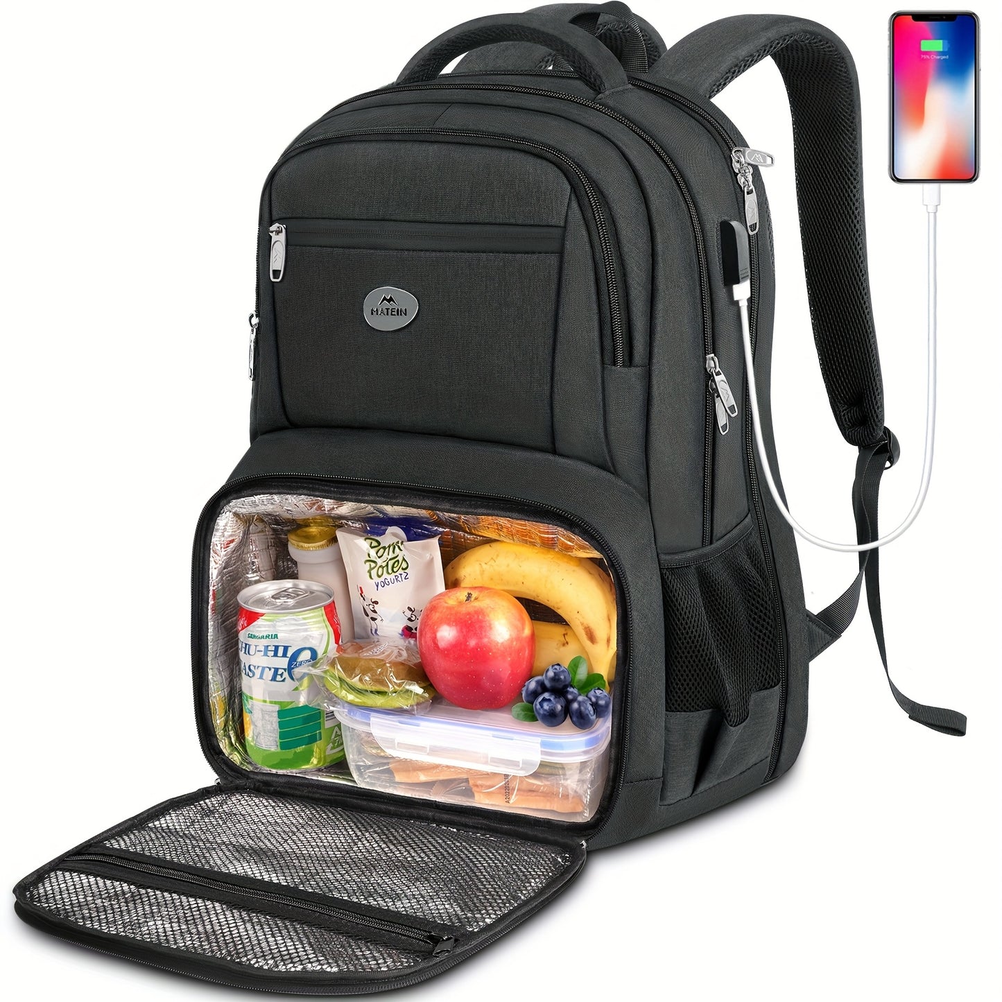 Men's Large 17-Inch Anti-Theft Backpack with TSA-Friendly Laptop Compartment & Cooler - Flight Approved Carry-On, Port, Heavy-Duty High Quality Laptop Bag for Work, College, Travel, Hiking (Grey) - Lunch Box Pocket