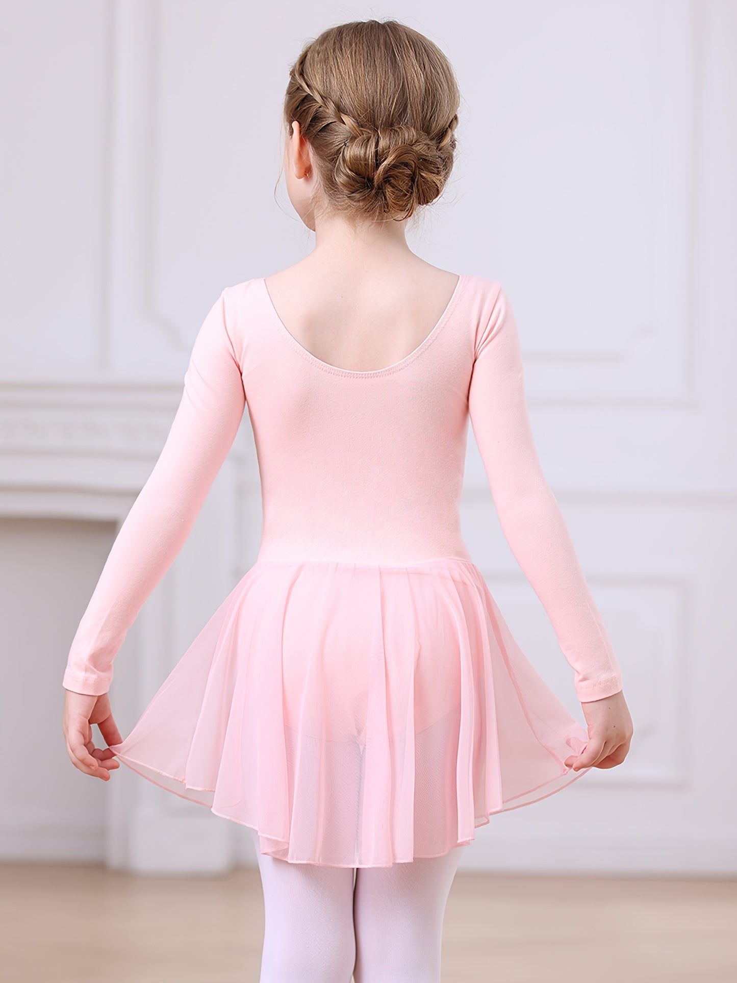 Christmas Gift Girls' Dance Dress - Long Sleeve Basic One-Piece Mesh Dress With High-Low Hem, Kids' Ballet Leotard Training Wear For Dance, Sports, Outdoor