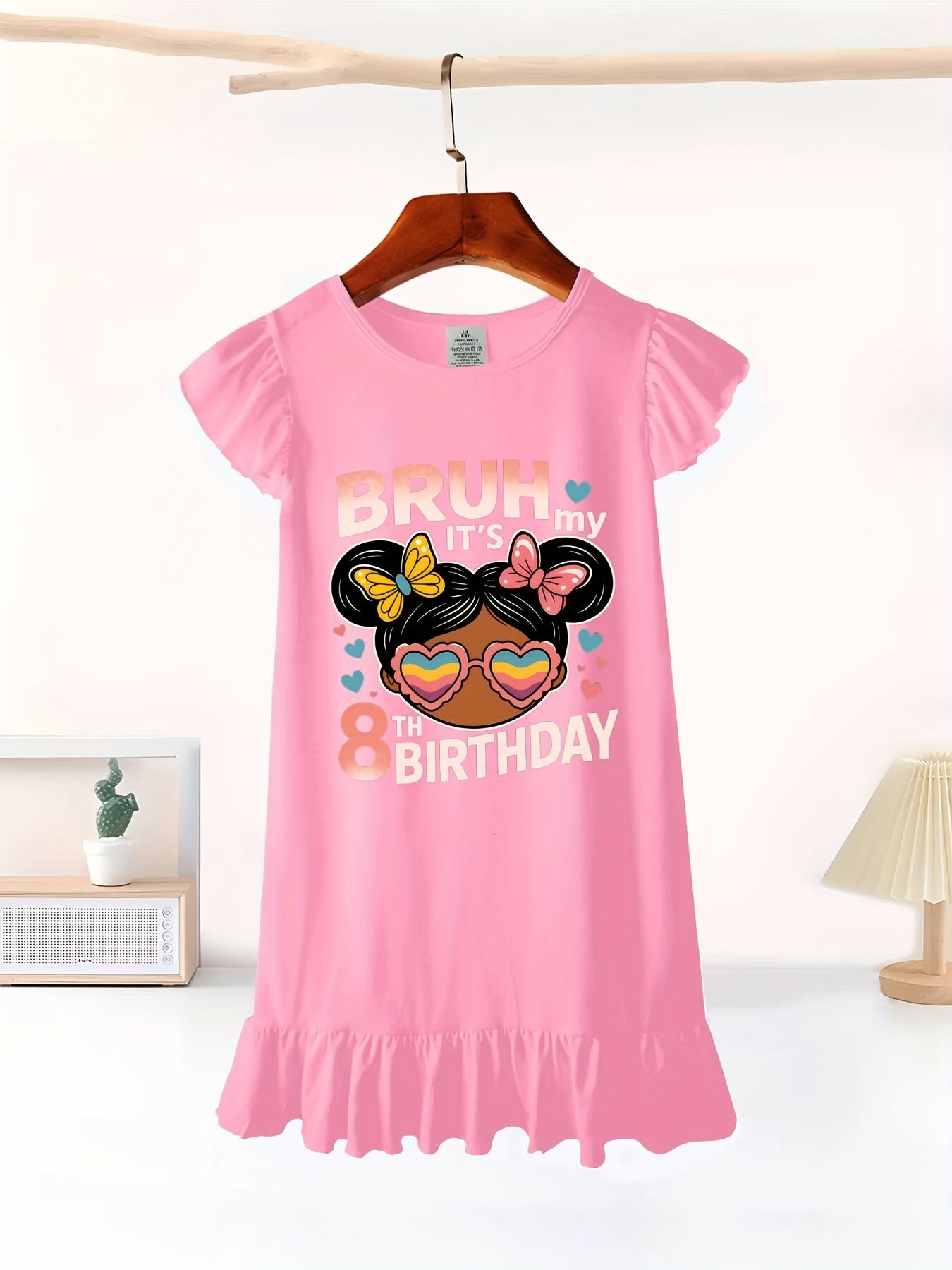 Bruh Its My 8th Birthday Messy Bun 8 Years Old Girls Dress with Flutter Sleeves - Sleeveless Dress for Girl Kid