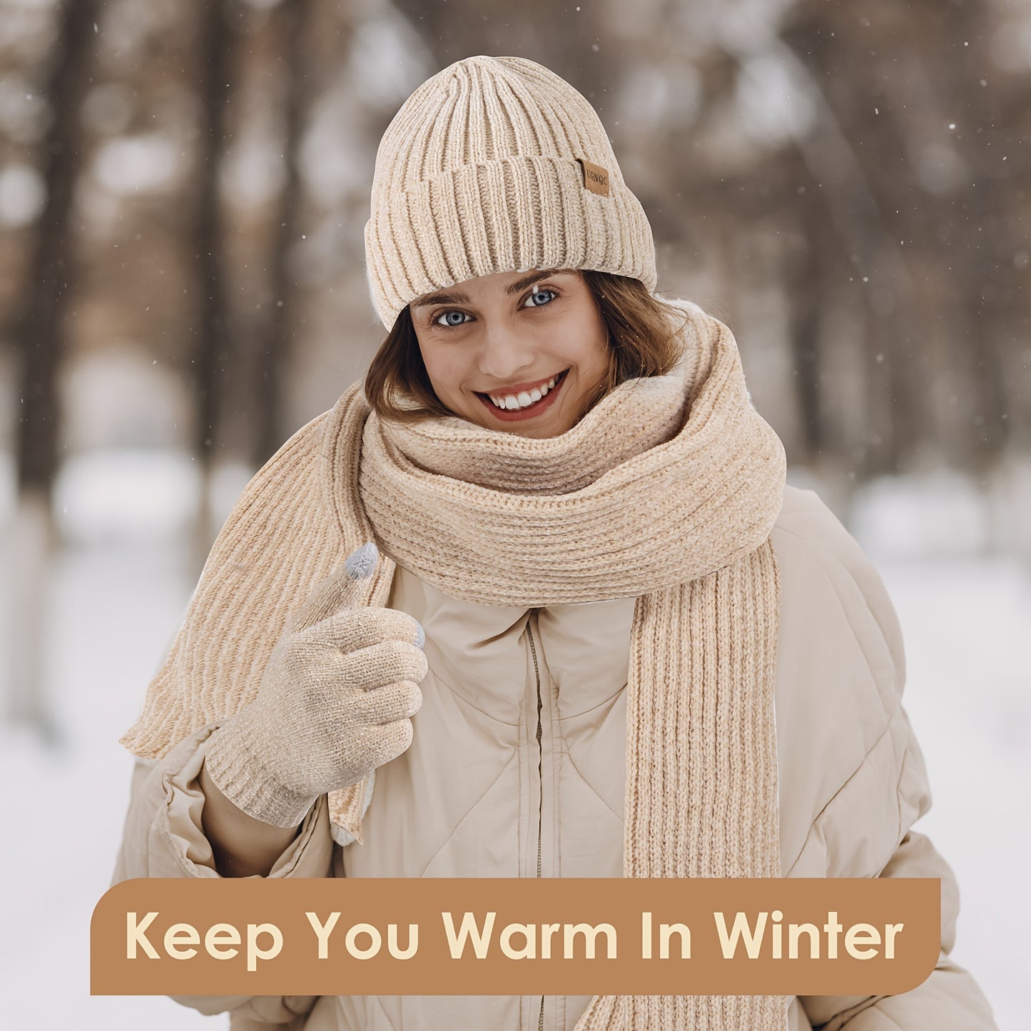 Women's Scarf, Gloves & Beanie Hat Set, Plush Touchscreen Gloves, Cold Weather Hand & Neck Warmers, Christmas & Thanksgiving Gifts for Adults, Beige/Elegant Multi-Color Options (Brown/Beige/Tan), Cozy Winter