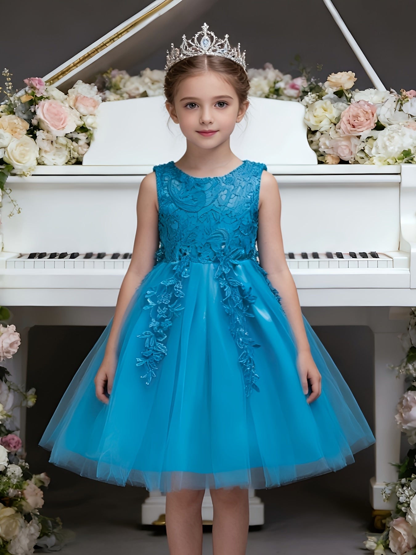 Girls Lace Embroidered Dress With Bow Waist And Mesh Skirt