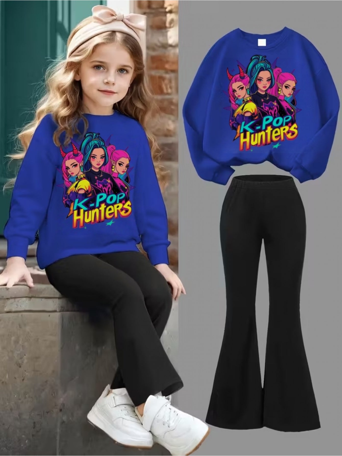 Two Piece Set For Girls Aged 3 To 12 Sweatshirt And Flared Pants 3D Printed Kpop Pattern Machine Washable Polyester