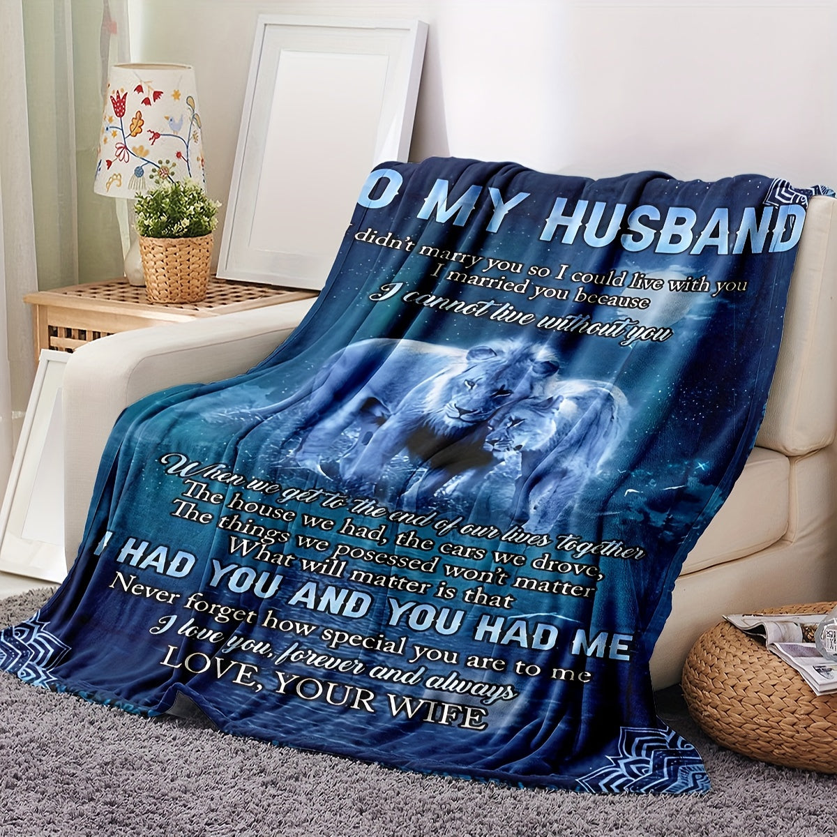 1pc Funny Marriage Blanket from Wife to Husband - Romantic Couples Gift with Love Messages, Heavyweight 280gsm Flannel Throw for Couch, Bed, Office, Camping - All-Season Soft Warmth - Birthday, Anniversary, Wedding Present -