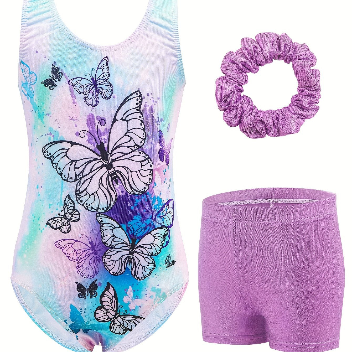 Girls' Gymnastics Bodysuit Set, Shiny Ballet Dance Outfit with Three Pieces Including Sparkling Shorts And a Headpiece.