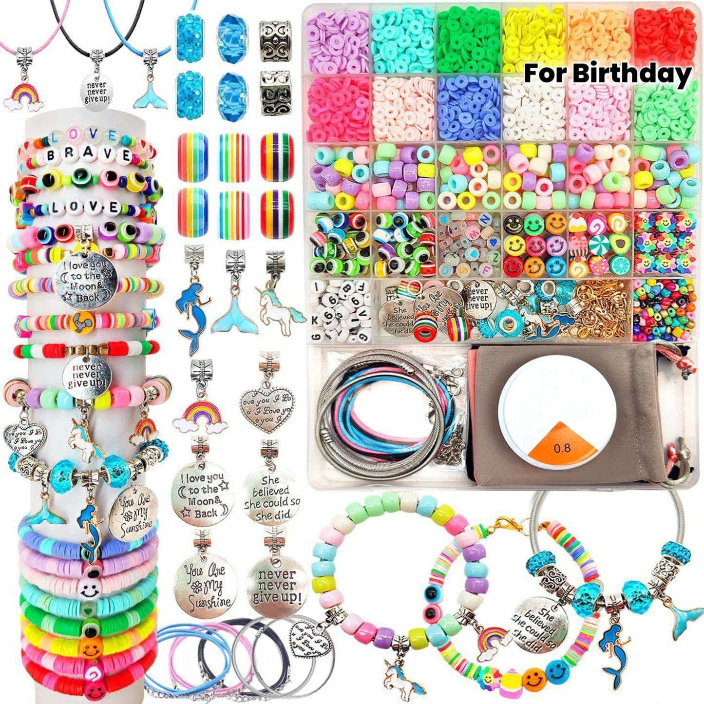 Bracelet Making Kit with Unicorn & Mermaid Beads, Letter Beads, Rainbow Beads & DIY Jewelry Craft - Complete Charm Bracelets Kit for Birthday Party Favors, Creative Birthday/Halloween Gifts with Storage -like Manual (Ages