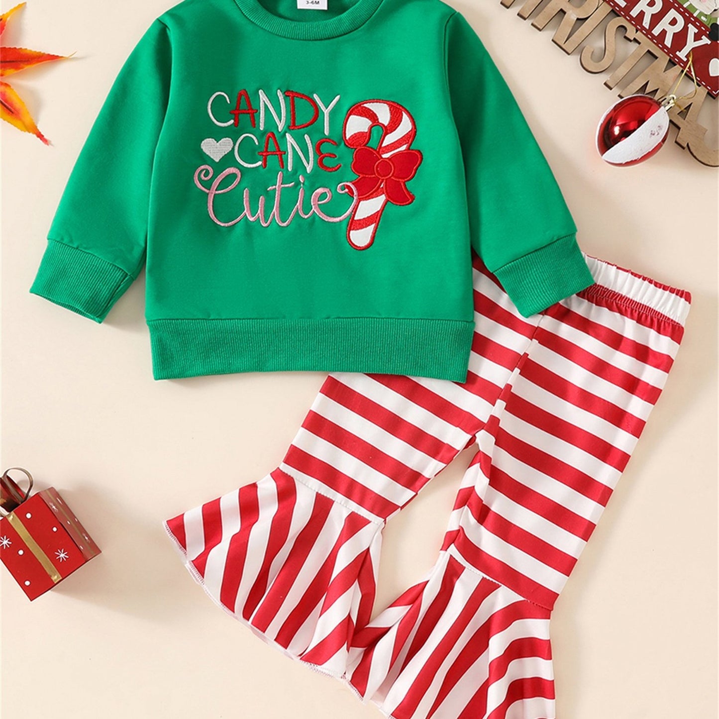 2pcs Toddler Girl Christmas Outfit Set - "Candy Cane Cutie" Letter Print Sweatshirt & Red & White Striped Flare Pants, Casual Long Sleeve & Round Neck, Perfect for Holiday Wear, Christmas Clothes, Best for Christmas, for Outd