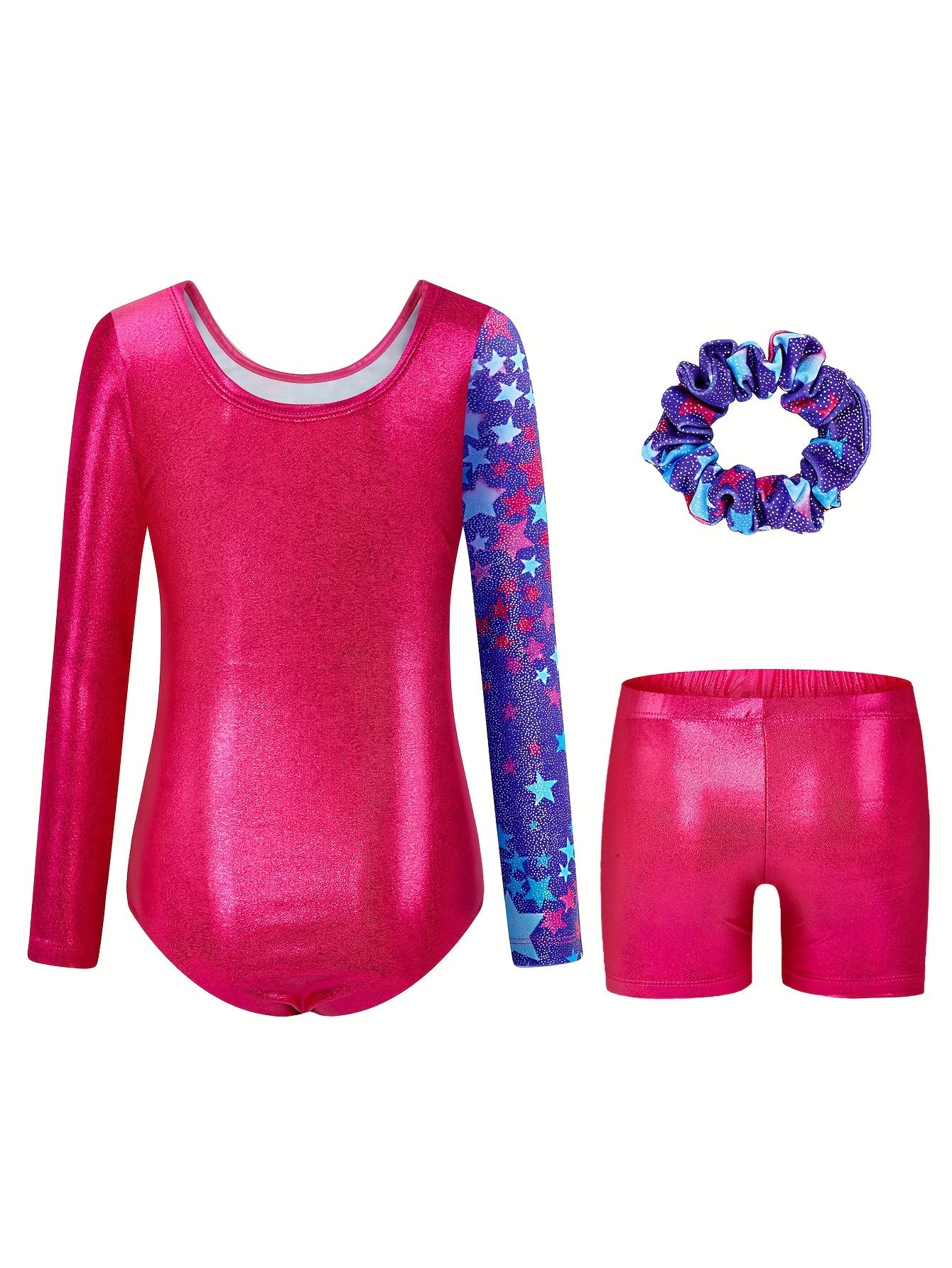 Girls Gymnastics Leotard, 3-12 Years Long Sleeve Glitter Dance Leotard with Shorts Ballet Tumbling Set