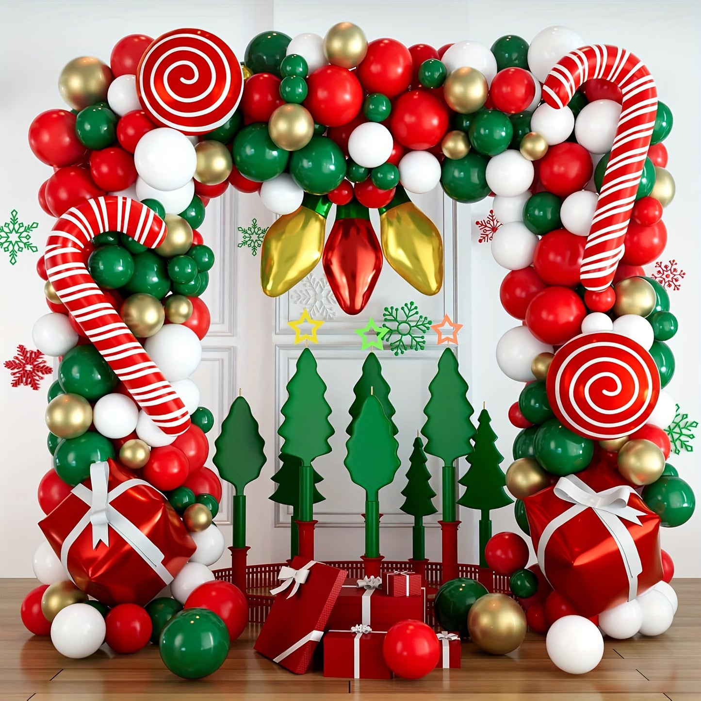 152pcs Christmas Balloon Garland Set for Christmas Party Decoration, Red, White, Green, Golden Latex Balloons, Candy Canes, Gift Boxes, Light Bulbs Foil Balloons, Christmas Party Supplies, Christmas Party Decorations, Holiday