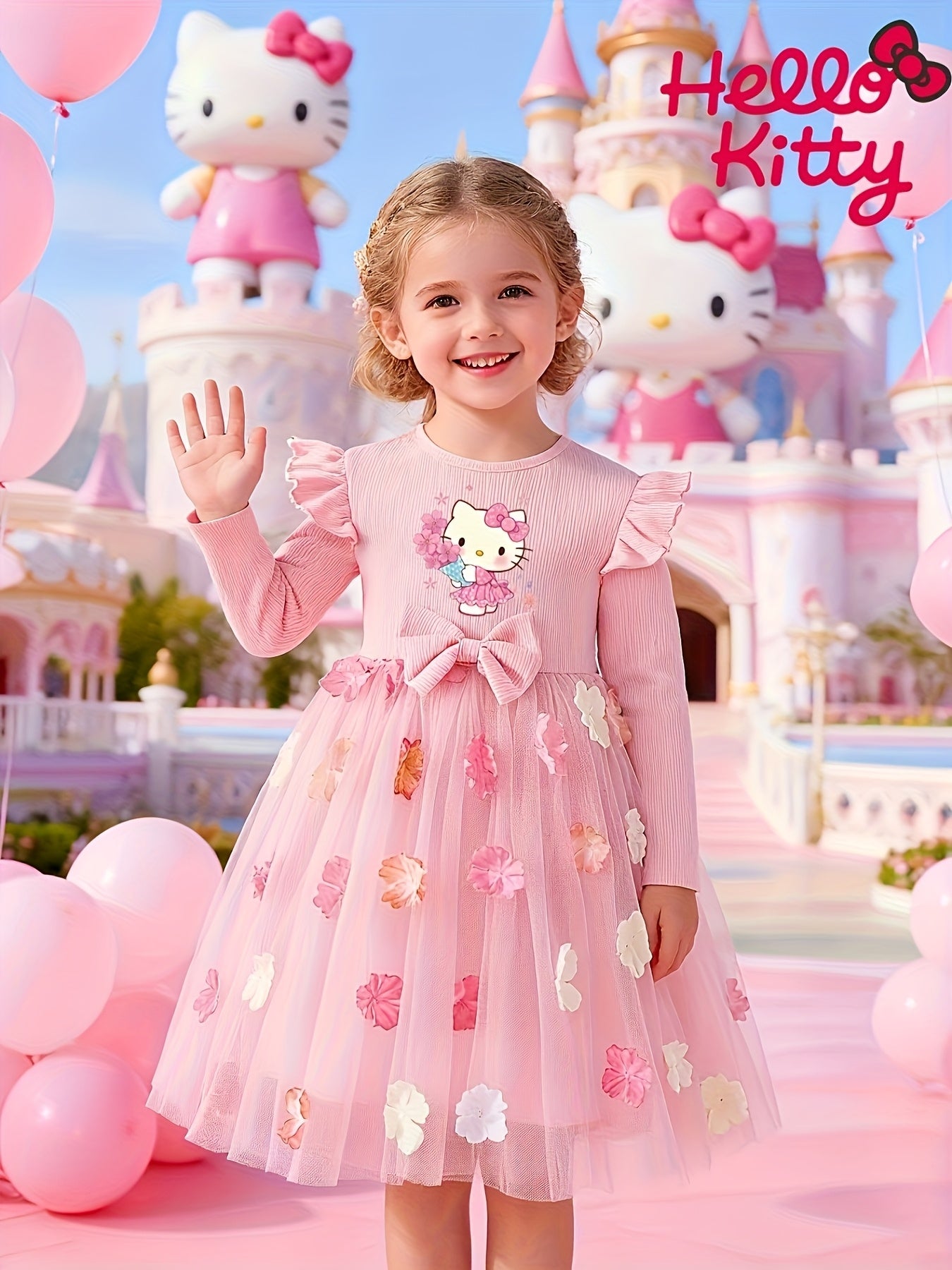 Hello Kitty Winter Party Dress For Girls 3D Flower Bow Print Pink Princess With Puffy Sleeves Machine Washable