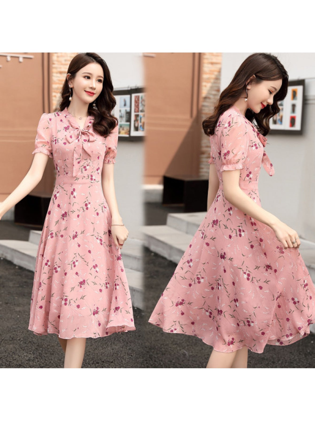 Women'S Floral Print A-Line Dress with V-Neck & Waist Cinching - Short Sleeve Lightweight Breathable Summer Dress, Age-Reducing Flared Skirt for Spring Summer Fall, Casual to Semi-Formal Occasions, Pink Floral Print on Light
