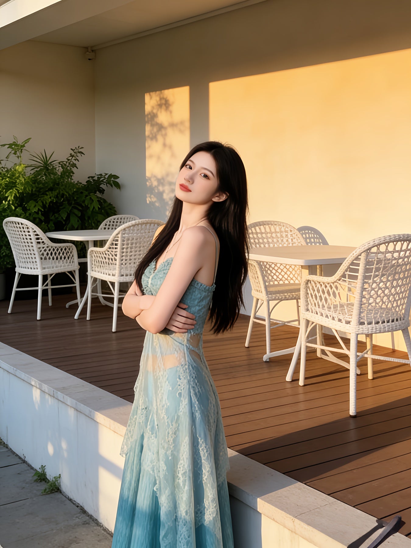 Cool-toned Halter Neck Camisole Dress | Mint Green Lace Sheer Waist-Cinching Maxi Dress, Soft Vibe Atmosphere Outfit, Asymmetrical Long Two-Piece Set, Ideal for Spring/Summer Vacation