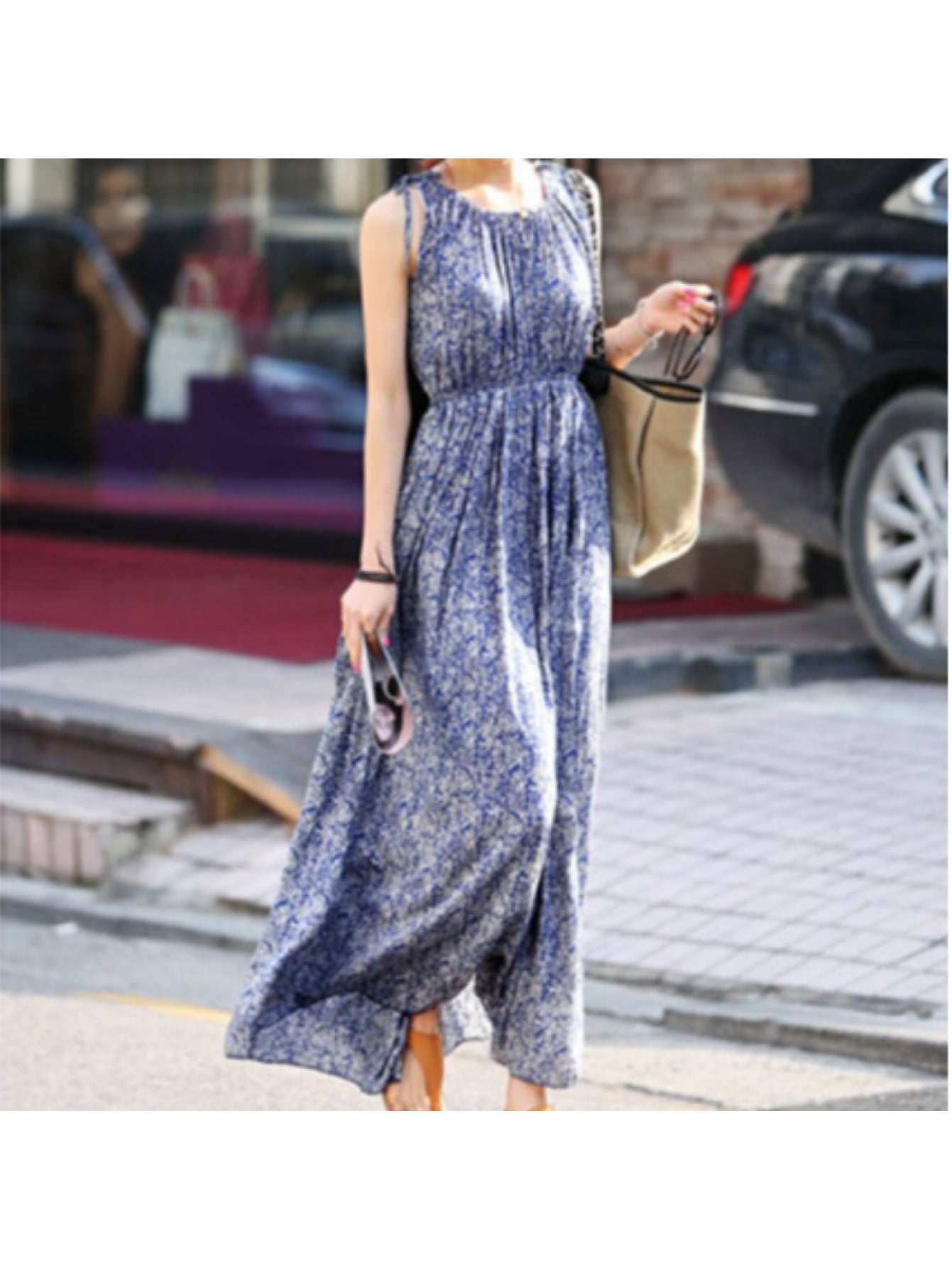 Women's Bohemian A-Line Maxi Dress - Sleeveless Summer Wedding Guest Gown with Floral Print Dress, Machine Washable Elegant Party Dresses for Beach Vacations & Special Occasions (Spring Summer Fall)