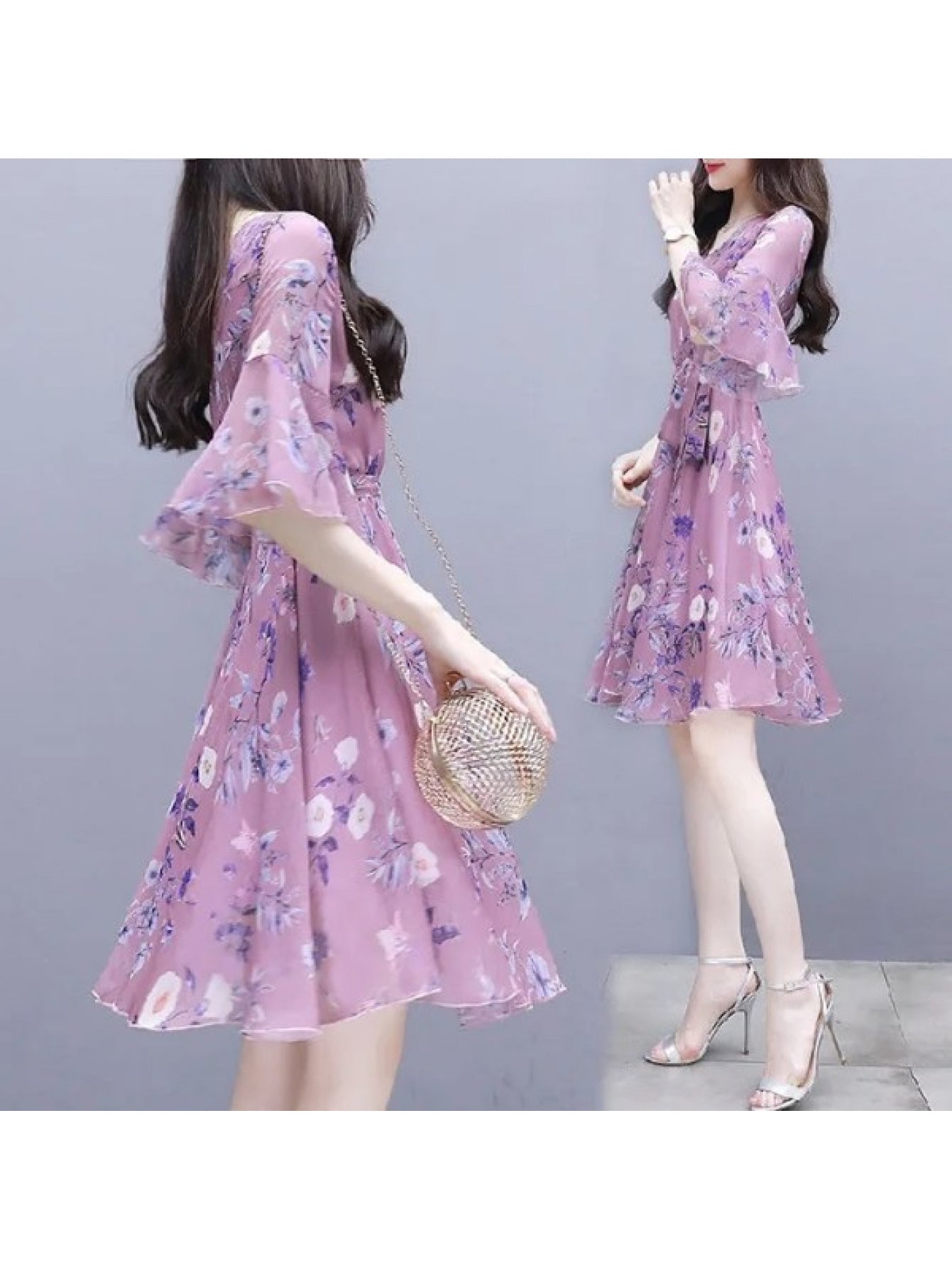 Women'S Floral print A-Line dress with waist cinch - Flowy Midi length, Elegant V-Neck, for Parties, Office, Brunch - Floral Dresses for Women in Purple/ Lavender/ Pink/ / / Navy/ Red/ Brown/ / / / Green/ Orange/ Yellow/ - Sp