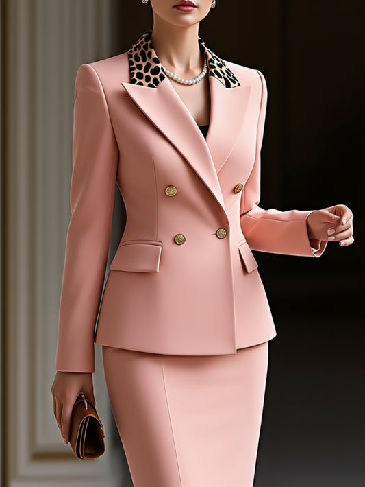 2 Pieces Pink Leopard Print Collar Blazer And Pencil Skirt Suit For Women Party Ready Office Wear For Fall And Winter