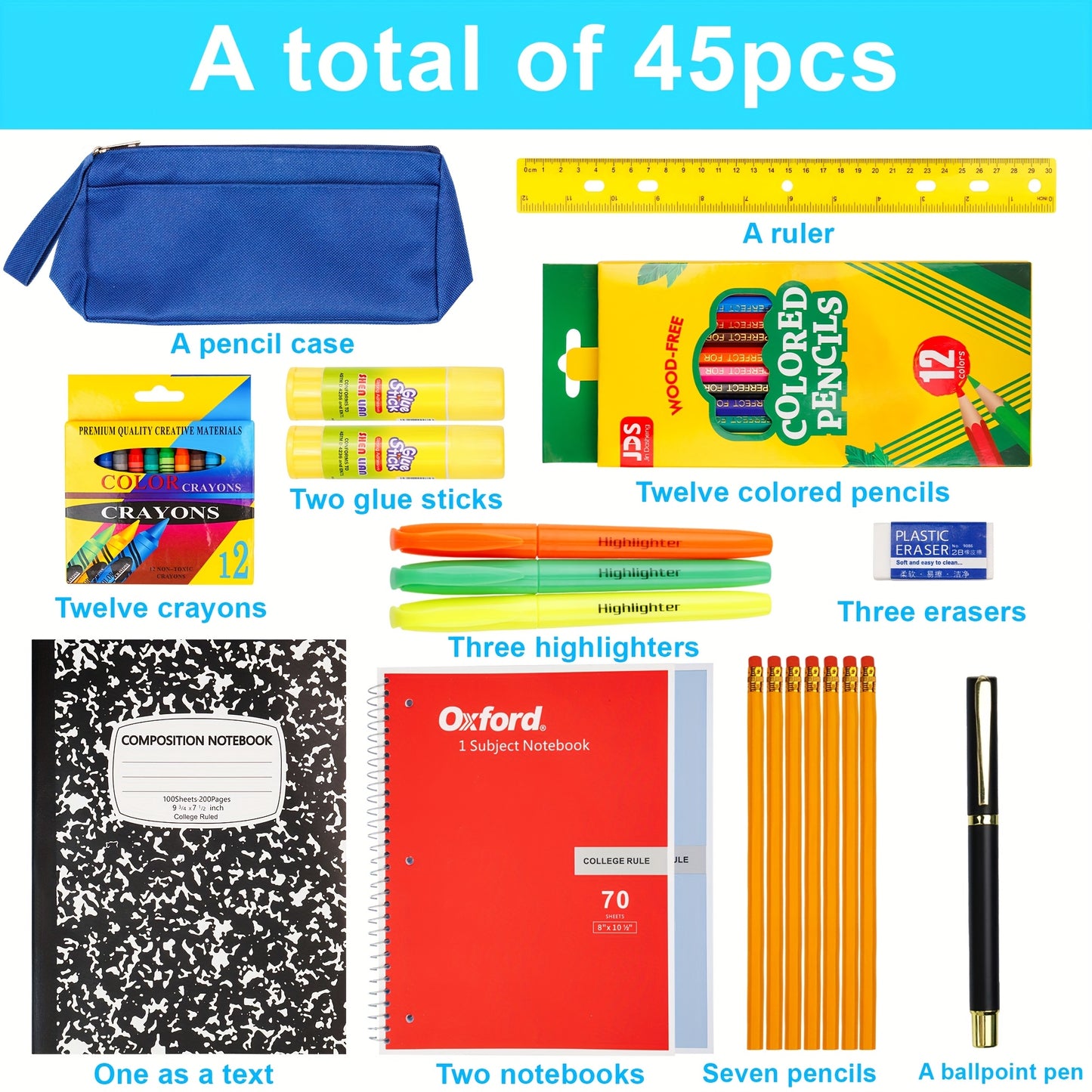 45pcs Stationery Set, Essential School Supplies, Including Folders, Notebooks, Pencils, Pens And Many Other Items