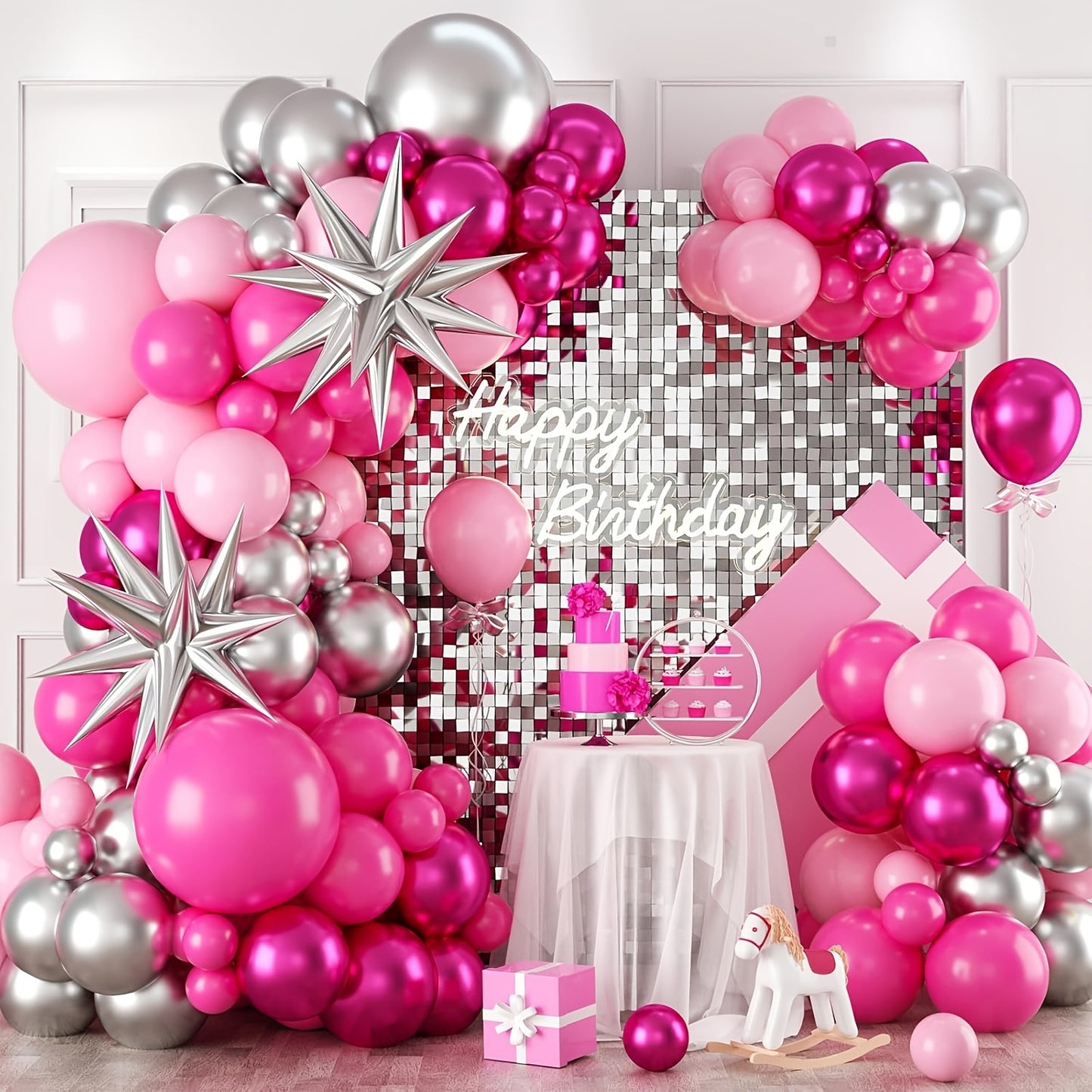 117 Pieces Pink And Silvery Balloon Arch Kit With Pastel And Hot Pink Balloons And 4D Star Balloons For Princess Parties
