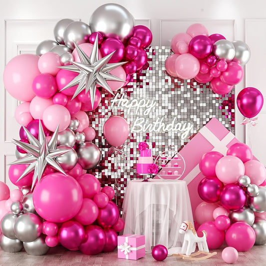 117 Pieces Pink And Silvery Balloon Arch Kit With Pastel And Hot Pink Balloons And 4D Star Balloons For Princess Parties