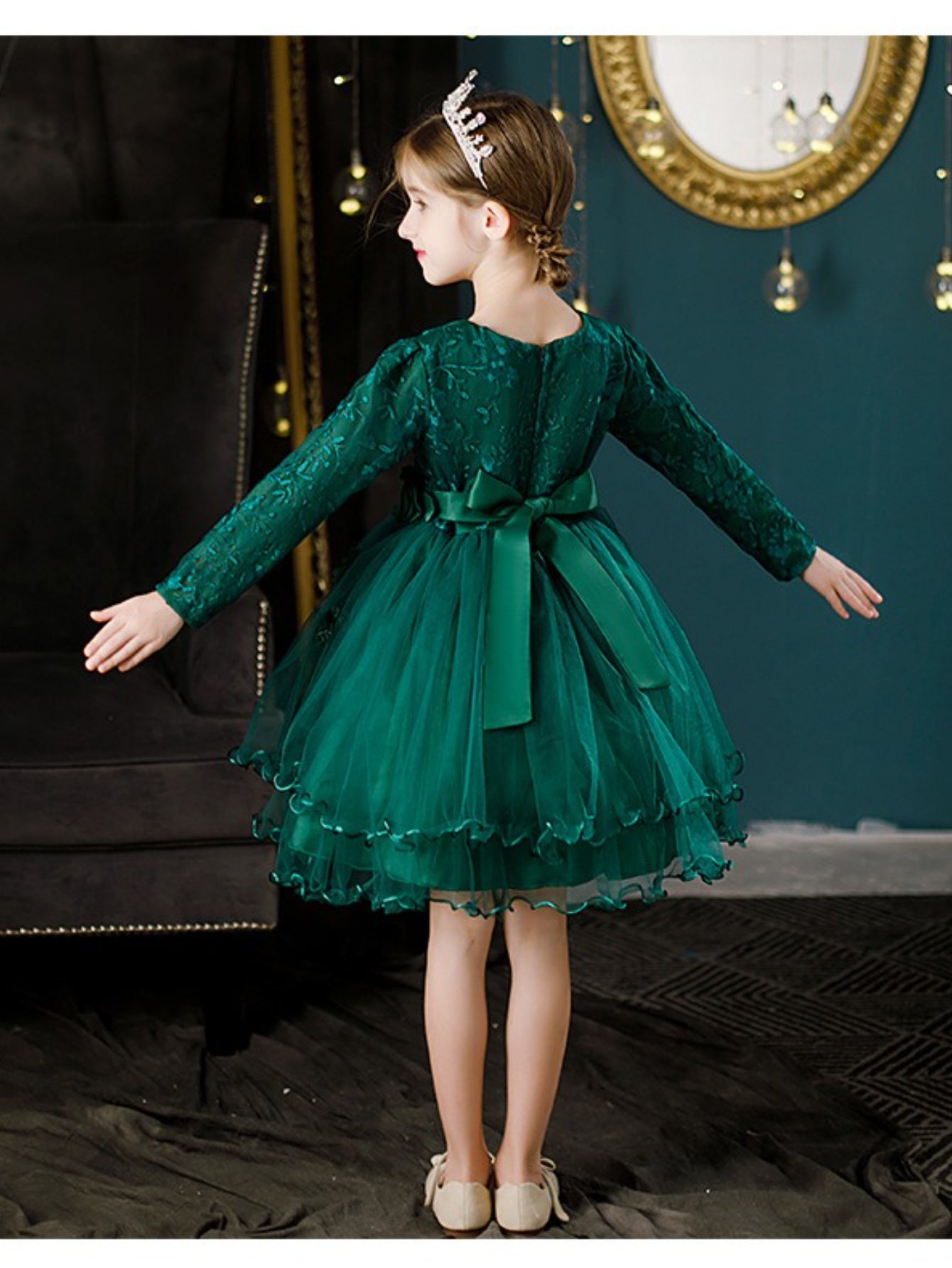 [Princess Style Girls' Dress] Emerald Green Princess Style Lace Long Sleeve Girls' Dress | Floral Waist Tiered Skirt Party Dress for Special Occasions & Daily Wear