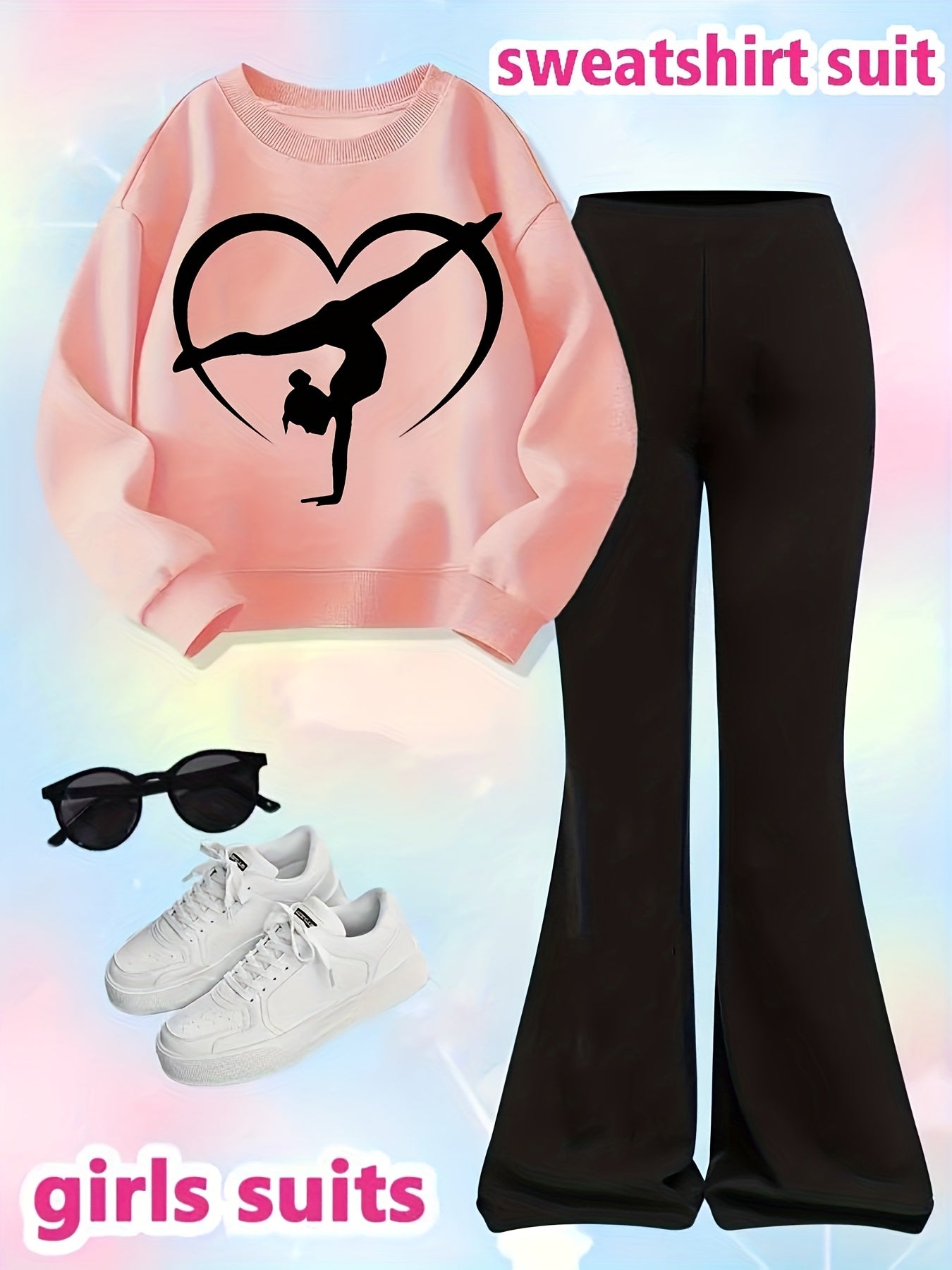 Girls' Gymnastics Dance Outfit Set - Heart Gymnast & Flared Pants with Handstand Pose Decor, Beige/Black/ Pink/Black/White/Gray/, Soft Light Beige-Friendly Fabric for K-POP Dance Practice, Gymnastics Performances, Casual Atti