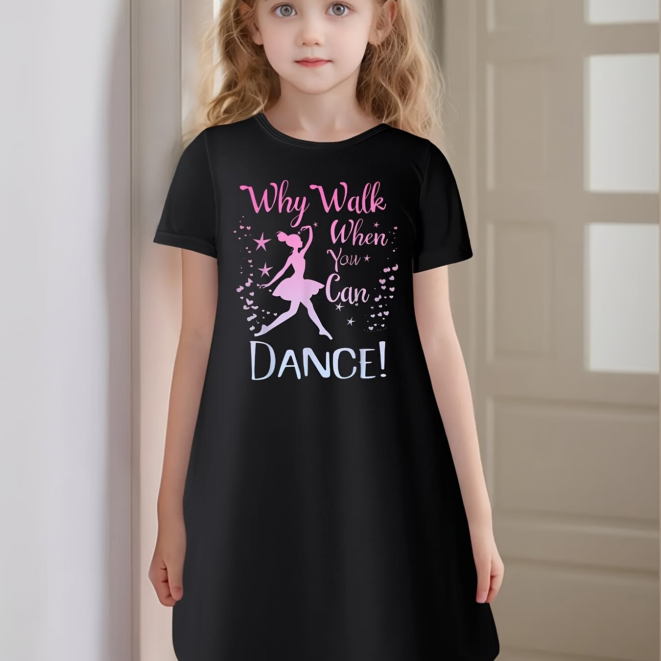 Girls Ballet Dance Recital Outfit - Pink tutu-like dress with "Why Walk When You Can Dance!" Phrase, Stretchy Knit tutu party dress for Ballet Performances, Photo Shoots - Machine Washable Birthday Girl Dance, Ballet Dress, C