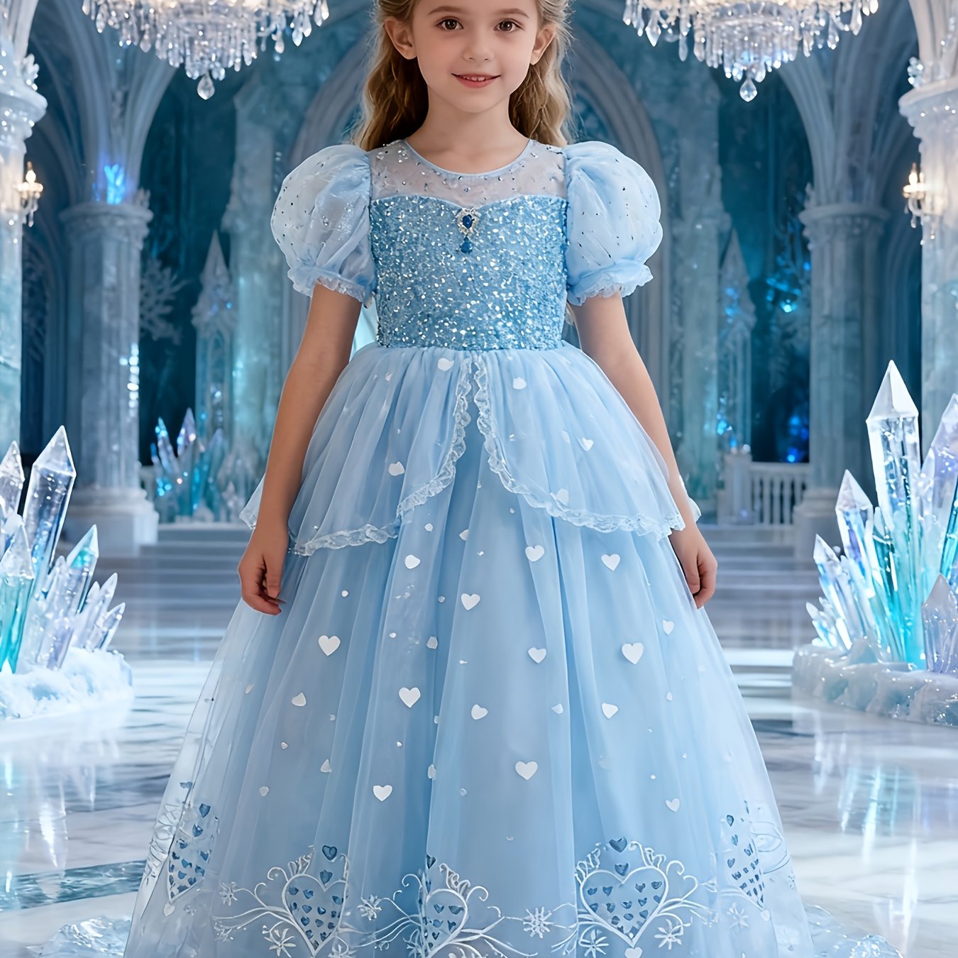 Woodland Ice Blue Kids' Princess Dress | Sequin Puff Sleeves, Heart Embroidery Tulle Puff Skirt, Elegant Non-Stretch Fabric, Perfect for Spring/Summer/Fall, Includes Cape for Birthday Catwalk & Party Gatherings