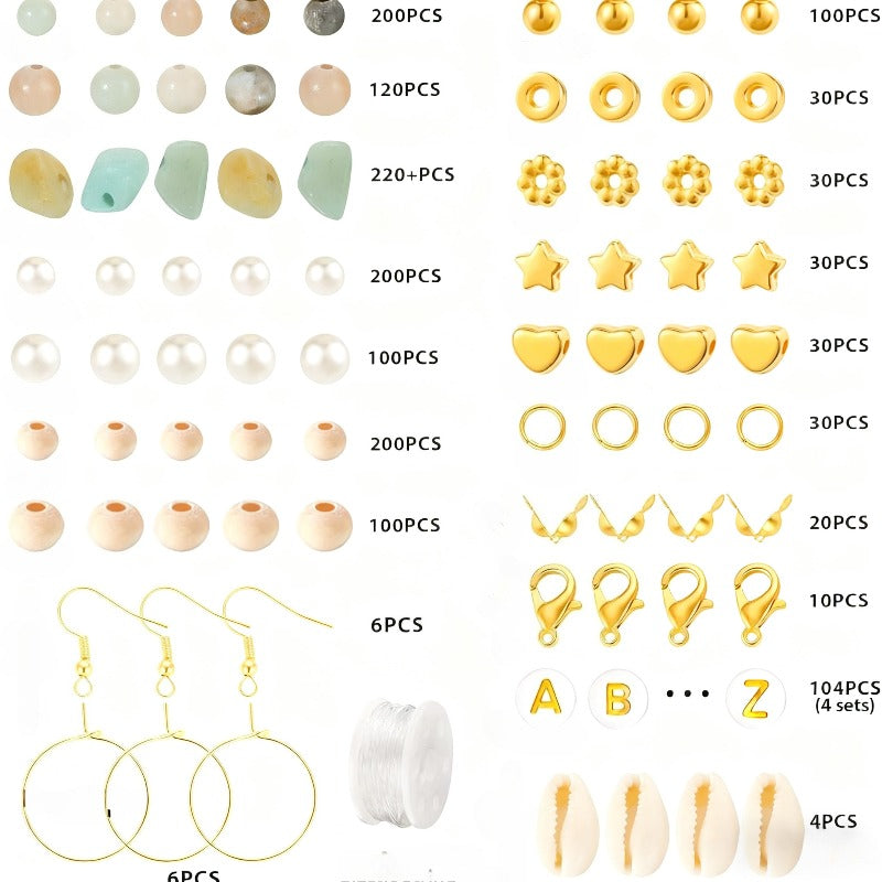 1562pcs/1 Pack of Natural Stone Bead Bracelet Jewelry Making Kit - Natural Stones, Faux Pearls, And Wooden Beads, Paired with Golden Metal | Bohemian Style Handmade Bracelet And Earring Materials, Perfect Handmade Gift for Wo