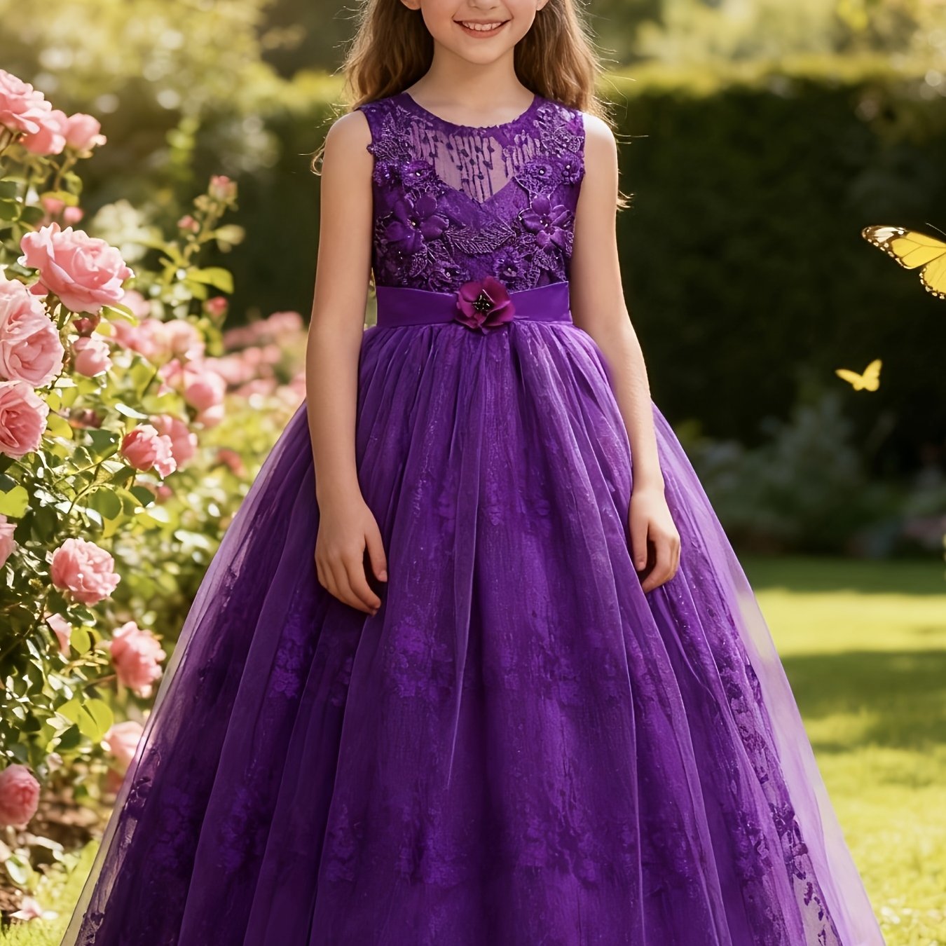 Girls Princess Gown Sleeveless 3D Lace Embroidery Maxi Dress