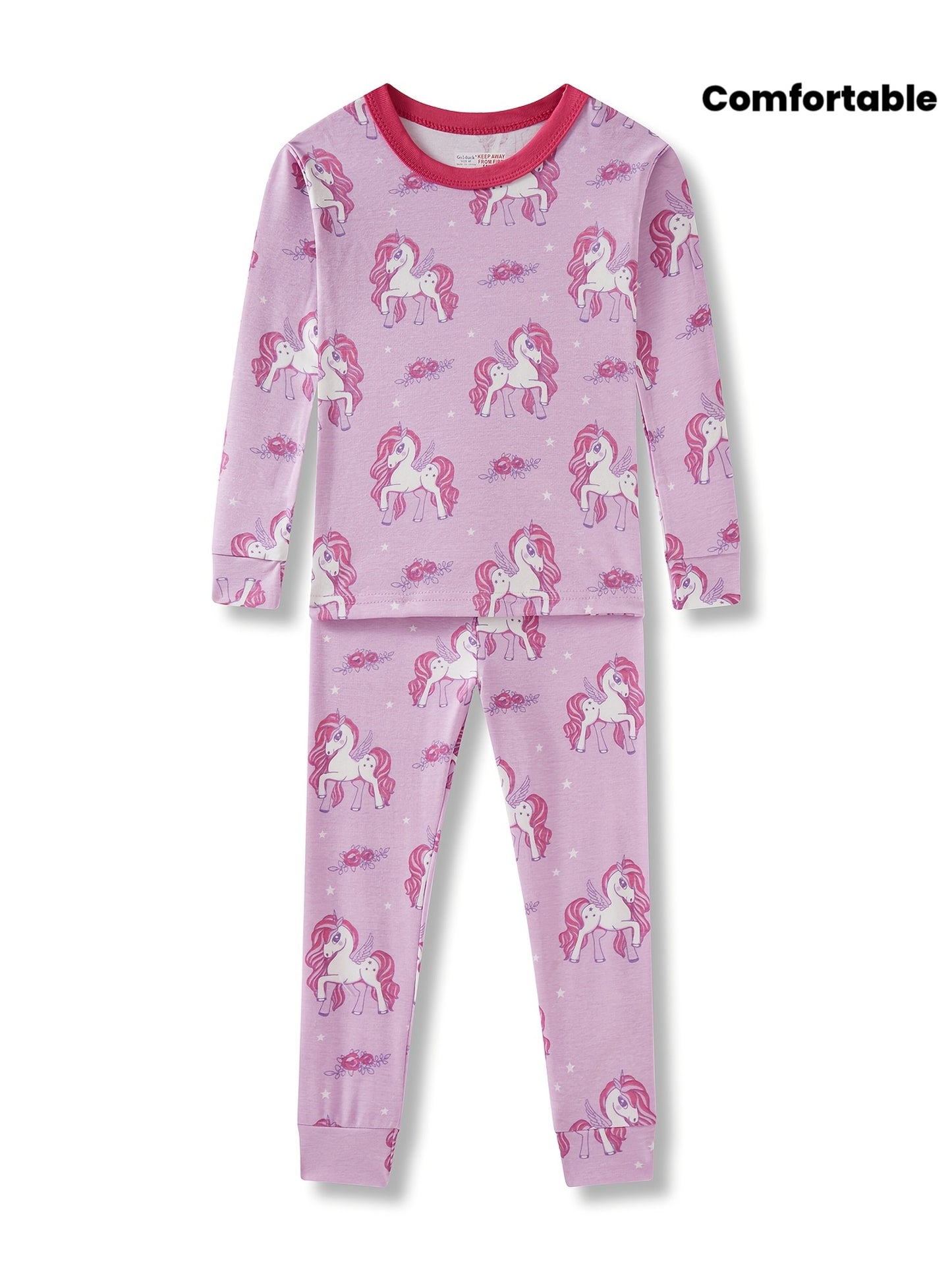 Youngsters'S Long-Sleeved Long-Pants Pajamas for Girls Aged 2-8 Years Old, Youngsters'S Tight-Fitting Pajamas, Air-Conditioned Clothes, Spring, Summer And Autumn New Light Purple Cute Cartoon Pony Unicorn Random Print Pattern