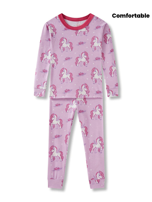 Youngsters'S Long-Sleeved Long-Pants Pajamas for Girls Aged 2-8 Years Old, Youngsters'S Tight-Fitting Pajamas, Air-Conditioned Clothes, Spring, Summer And Autumn New Light Purple Cute Cartoon Pony Unicorn Random Print Pattern