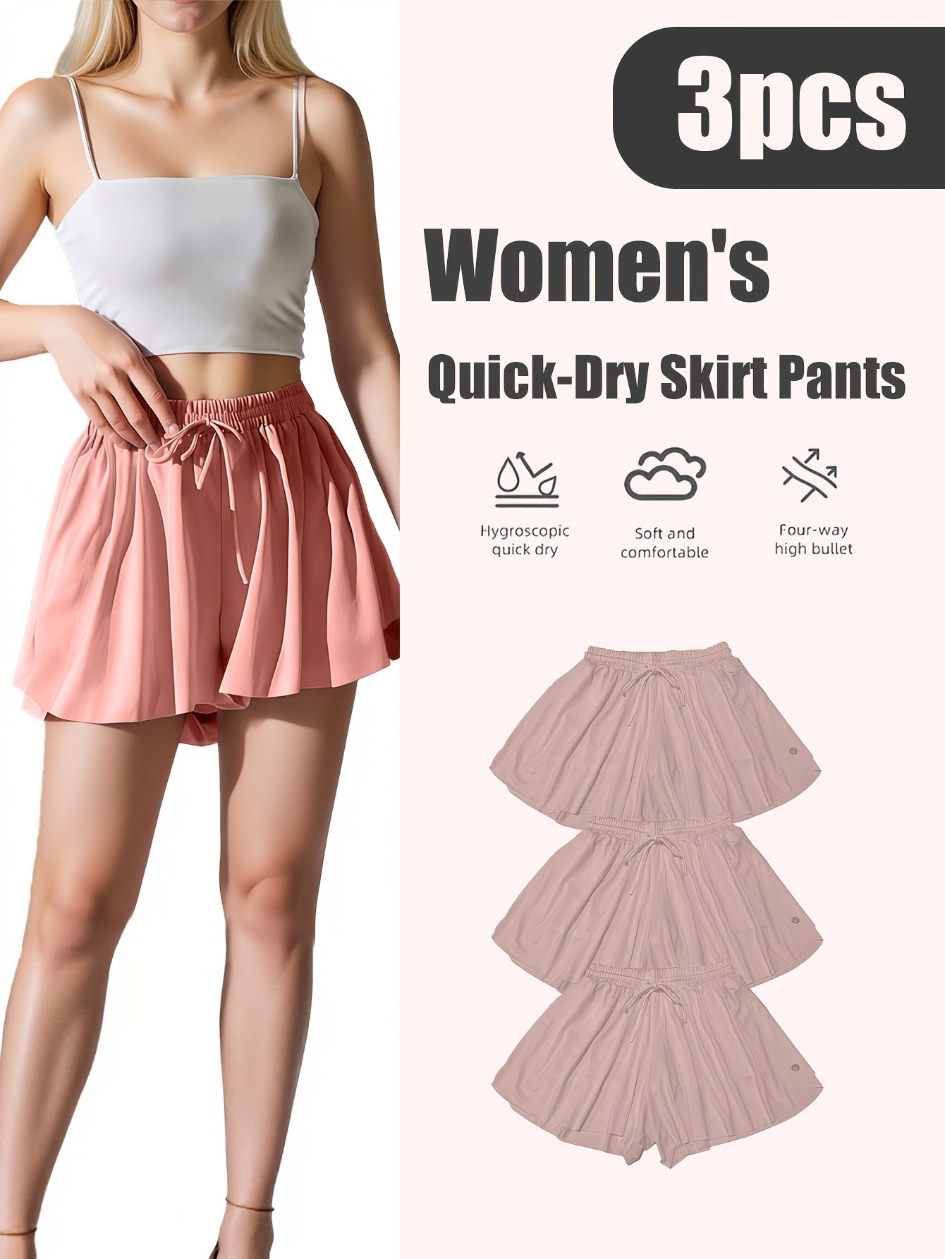 Women's Quick-Dry 3pcs Sports Skirt & Shorts Set with Built-In Safety Shorts - Solid Color Pleated Skater Skirt, Gymnastics Running Jumping Outfit, Spring Summer Fall Athletic Wear, Machine Washable (No Transparency)