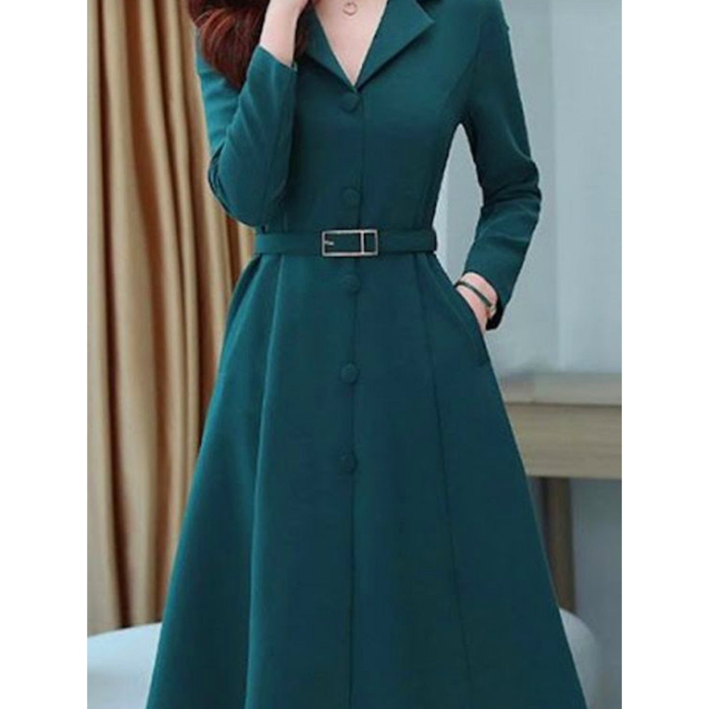 One Piece of Stylish A-Line Dress for Ladies Featuring a Belt, in a Solid Hue, with a Notched Collar, Suitable for Spring And Autumn, Made from Fabric.
