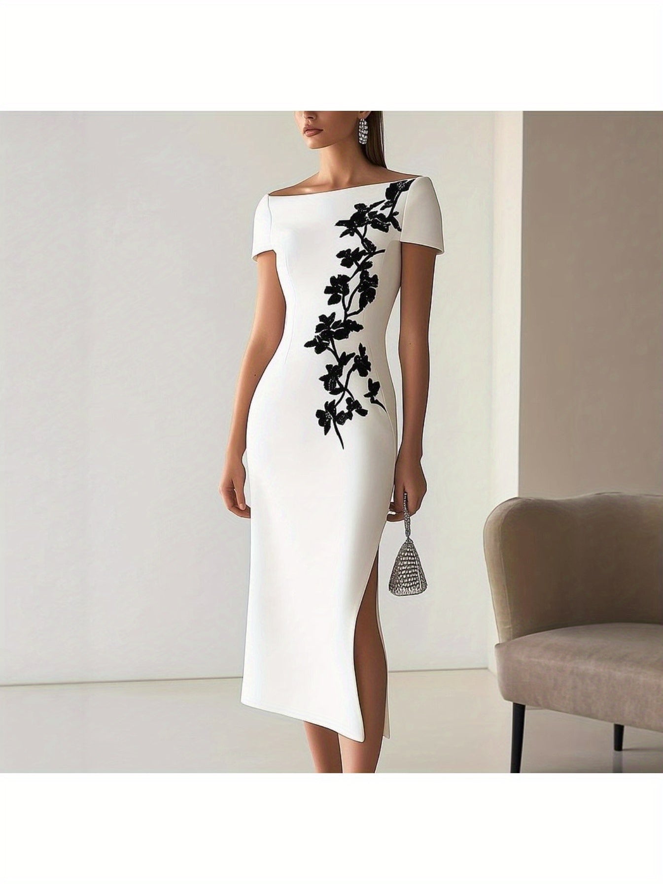 Women'S Elegant Strapless/One-Shoulder Short Sleeve Dress with Black Floral Embellishment - Mermaid/Pencil Skirt & Slit Hem, All-Season Formal Party Wedding Guest Dress, Versatile Evening Gown for Women, Comfortable & Durable