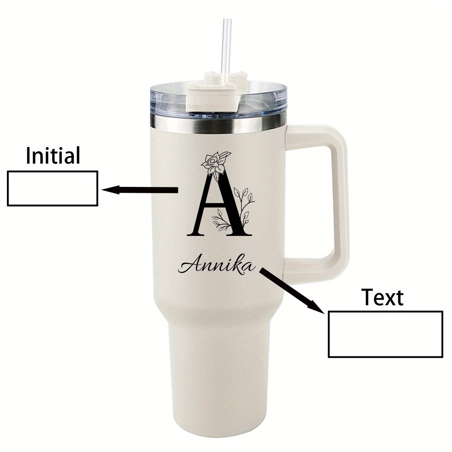 [Personalized Thermos Cup] 40oz Customized Name Thermos Cup | Double Wall Stainless Steel Handle Insulated Coffee Cup, Large Capacity with Lid And Straw, Personalized Gift with First Letter Flower Design, Travel And Office Cu