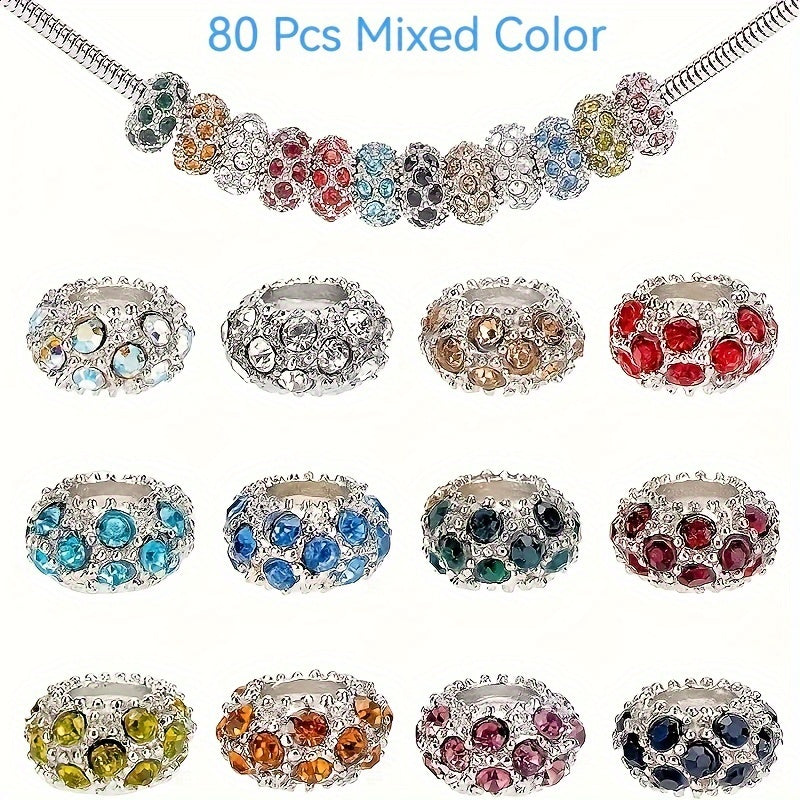 80 Pcs Alloy Space Beads with Sparkling Crystals in White and Gold 11x6mm Large Hole for DIY Jewelry Making