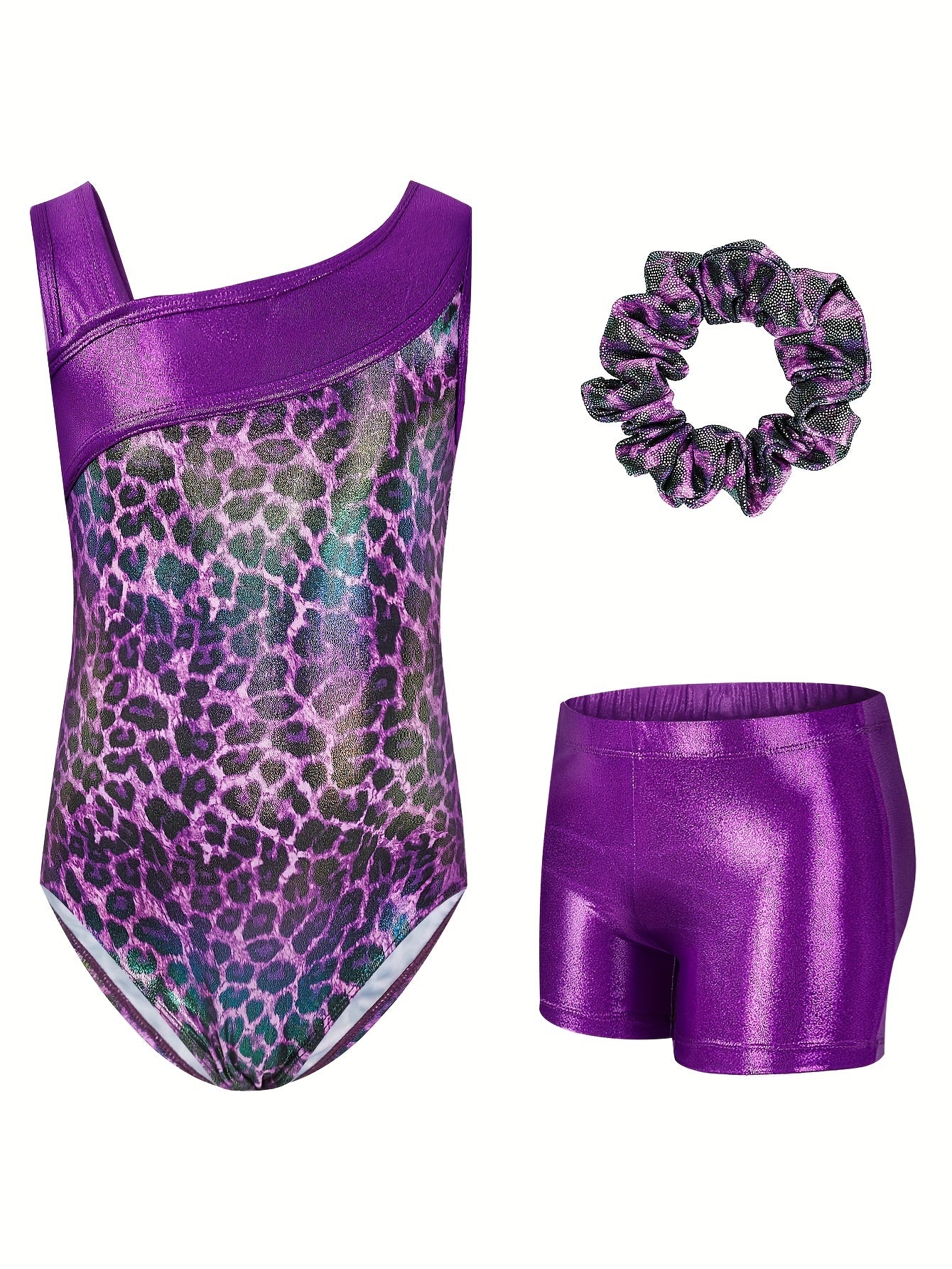3pcs Girls' Slim & Fit Gymnastics Outfit - Leopard Print One-Shoulder Leotard, Vibrant Purple Shorts & Matching Hairband for Dancing & Sports, Gymnastics Attire|Vibrant Gymwear|Stretchy Fabric, for Outdoor