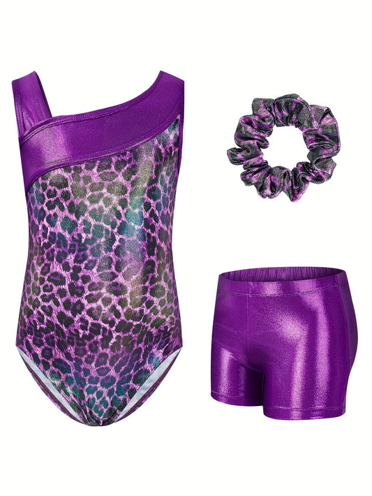3pcs Girls' Slim & Fit Gymnastics Outfit - Leopard Print One-Shoulder Leotard, Vibrant Purple Shorts & Matching Hairband for Dancing & Sports, Gymnastics Attire|Vibrant Gymwear|Stretchy Fabric, for Outdoor