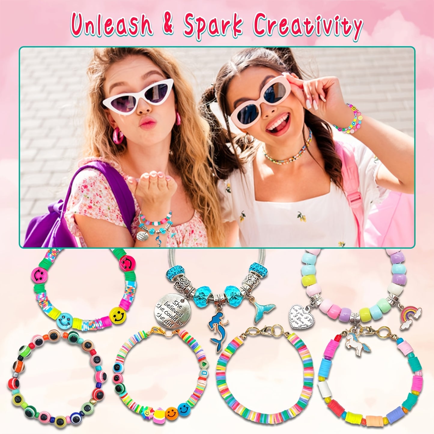 Bracelet Making Kit with Unicorn & Mermaid Beads, Letter Beads, Rainbow Beads & DIY Jewelry Craft - Complete Charm Bracelets Kit for Birthday Party Favors, Creative Birthday/Halloween Gifts with Storage -like Manual (Ages